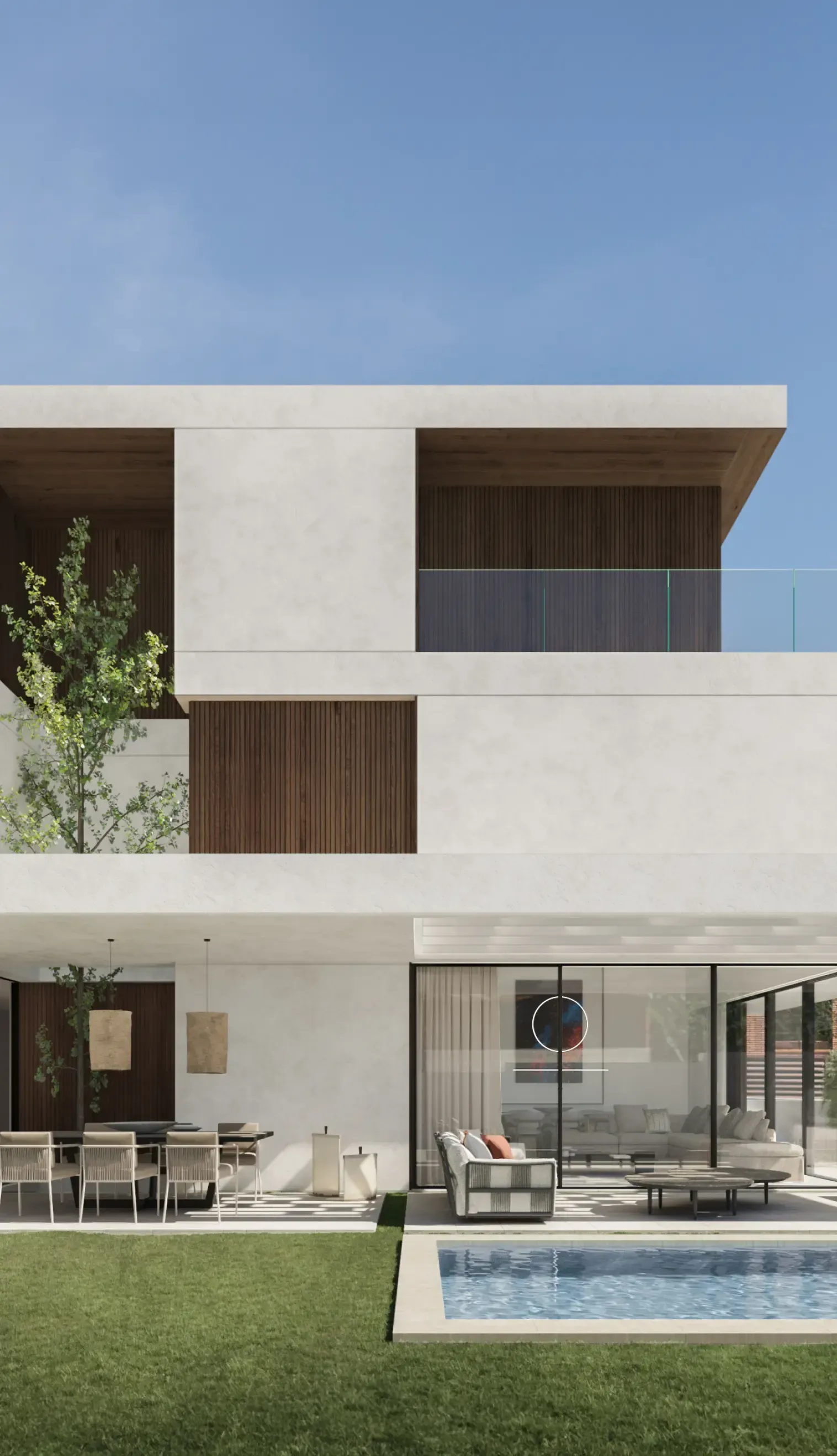 Backyard view of a Luv studio home with modern architecture, pool, and open-plan living areas.