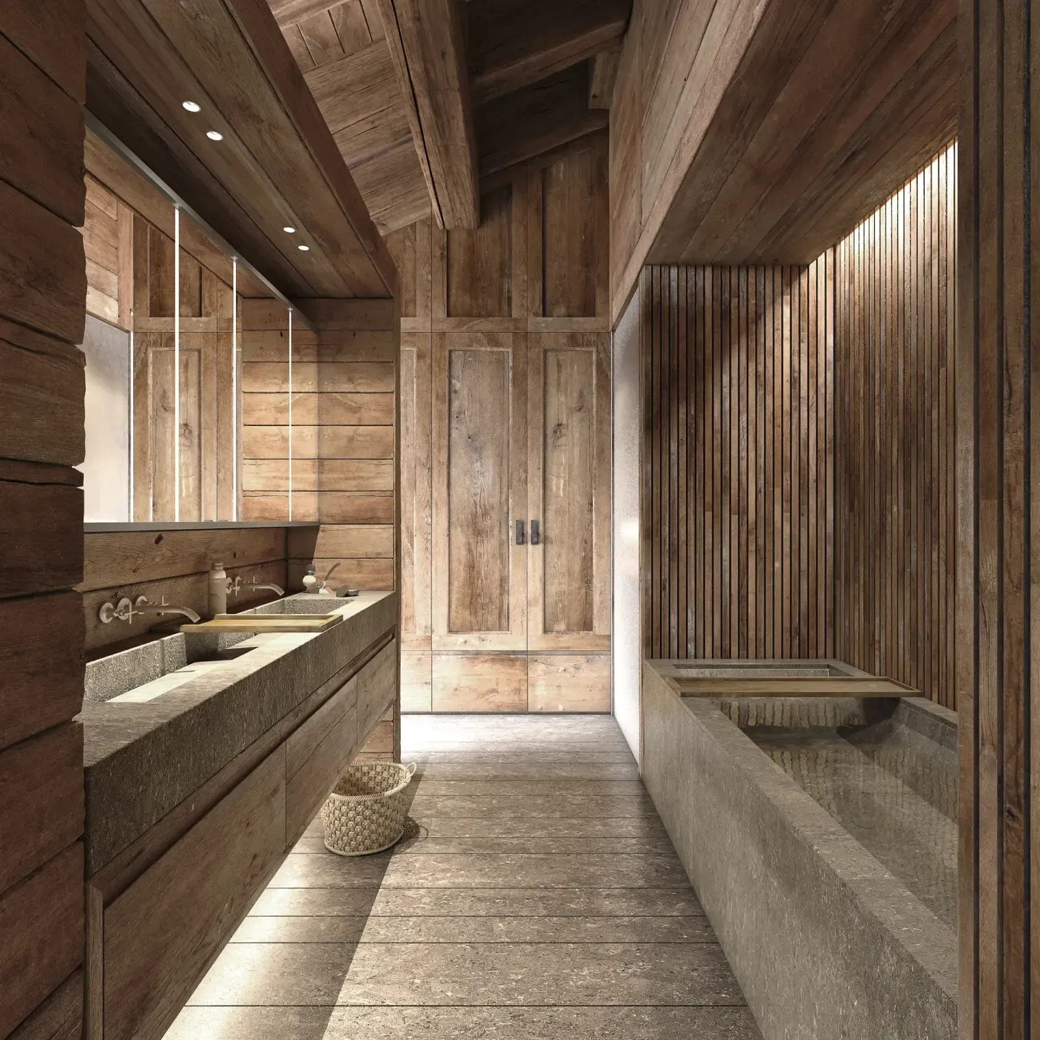 Rustic bathroom with stone sinks and wood paneling, designed by Luv studio with a luxury mountain aesthetic.