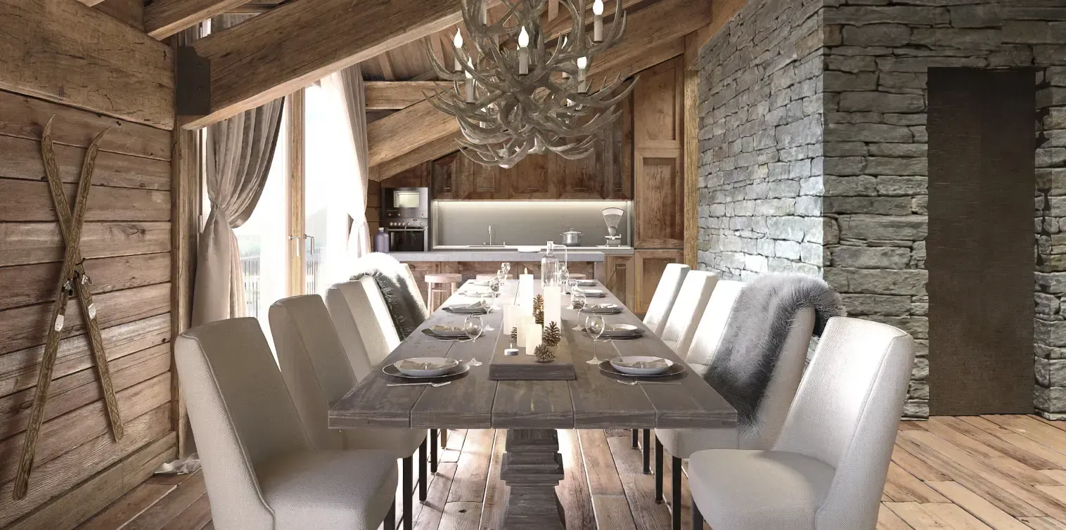Cozy dining room with antler chandelier and wooden finishes, showcasing Luv studio’s alpine architecture.
