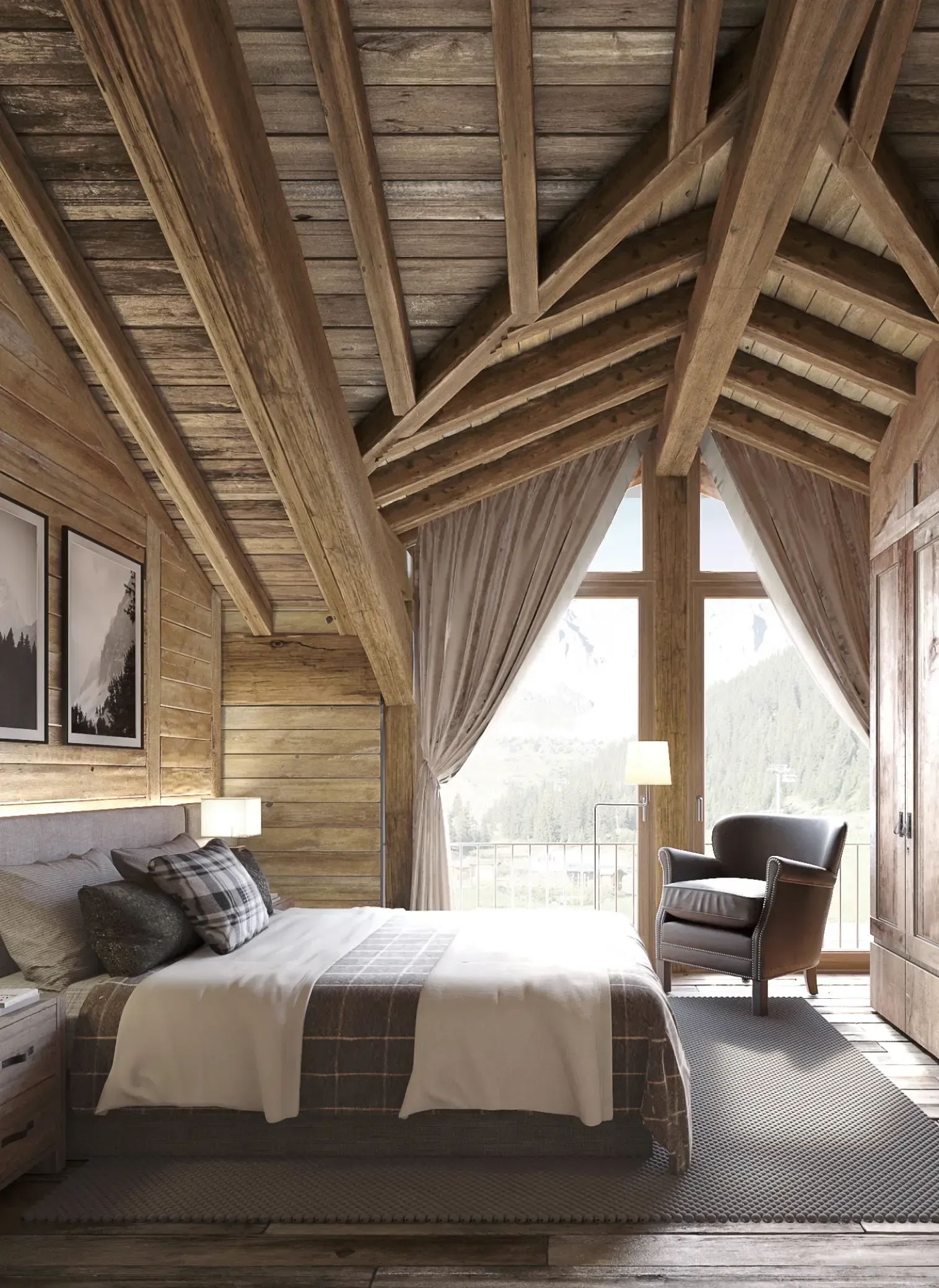 Warm bedroom with natural wood textures and mountain views, designed by Luv studio.