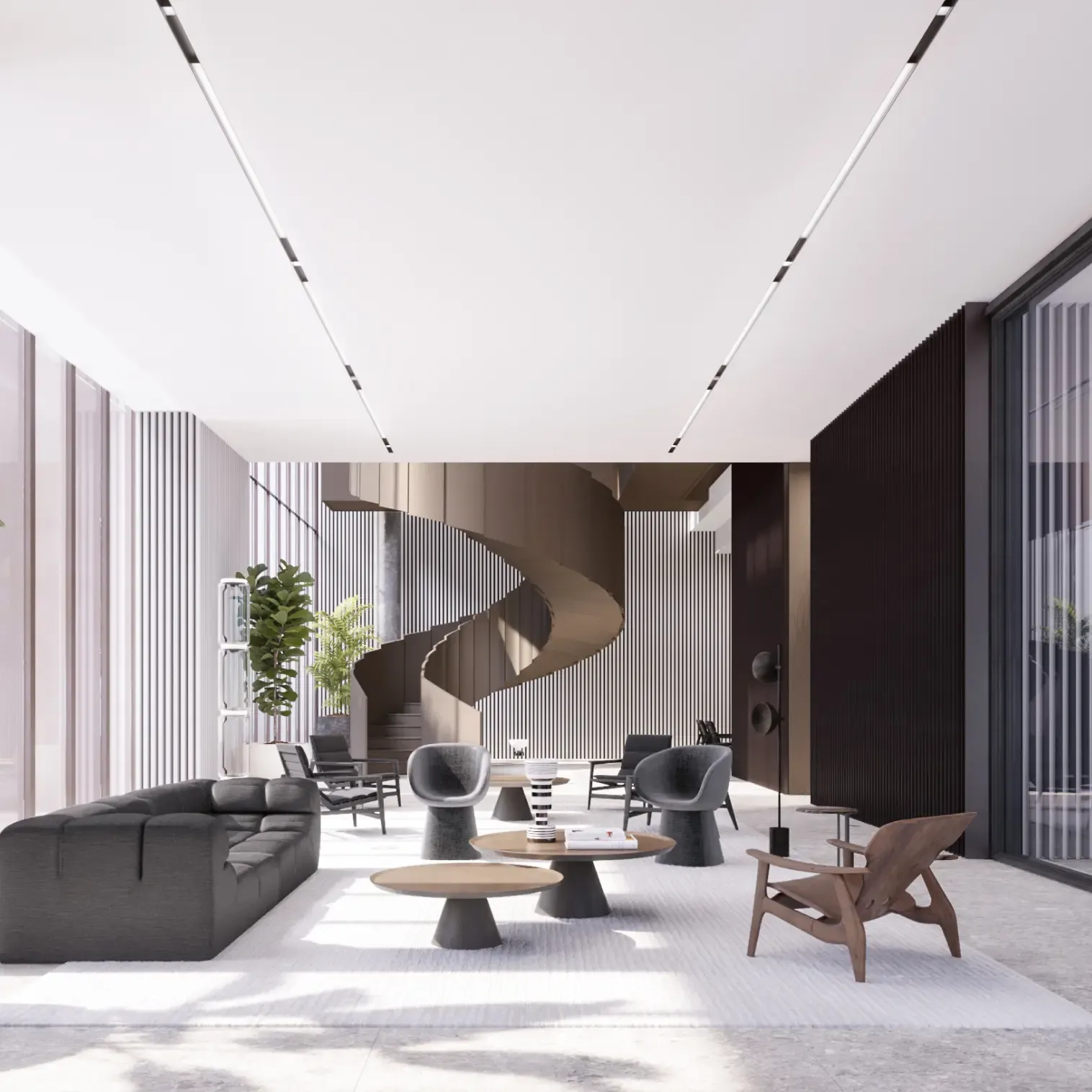 Refined lobby lounge with sculptural spiral staircase, modern furniture, large planters, and full-height glass walls letting in natural light.