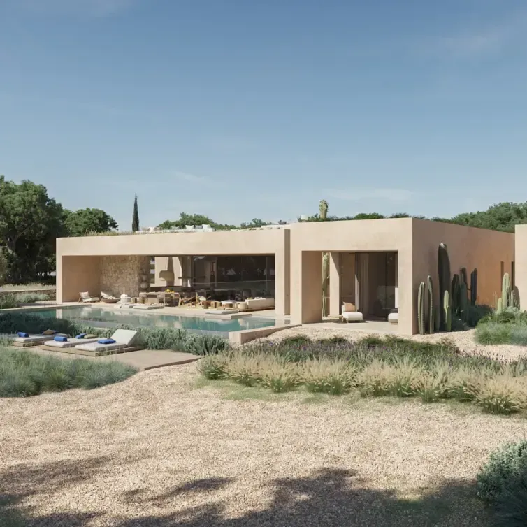 Poolside view of the Formentera villa with open-plan living and rooftop terrace surrounded by greenery.