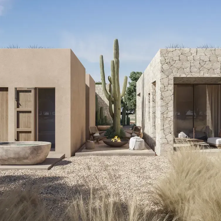 Courtyard detail with cactus, lounge seating and outdoor fire pit at the center of the villa layout.
