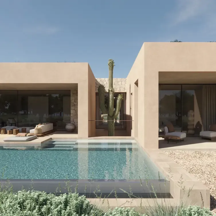 Infinity pool and cactus courtyard between two volumes of the contemporary Formentera villa by Luv studio.