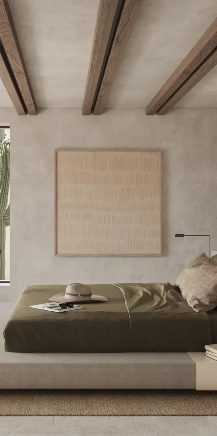 Elegant bedroom with minimalist bed, cactus view and neutral palette.