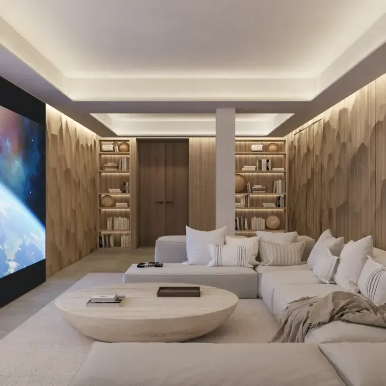 Home cinema room with large screen, wood accents and cozy sectional seating.