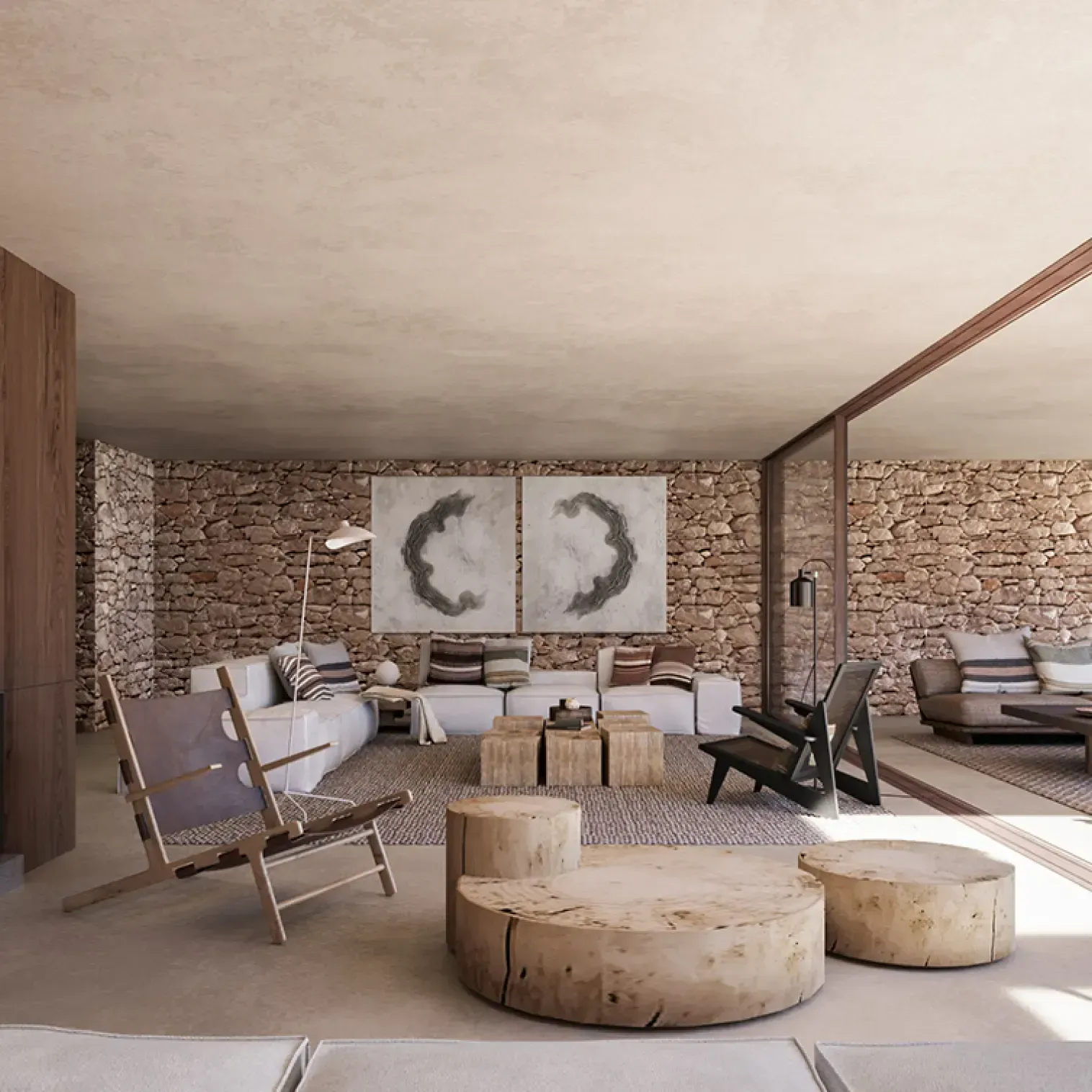 Elegant indoor-outdoor lounge with fireplace, rustic stone walls, and wood furniture, designed by Luv Studio for relaxed luxury.