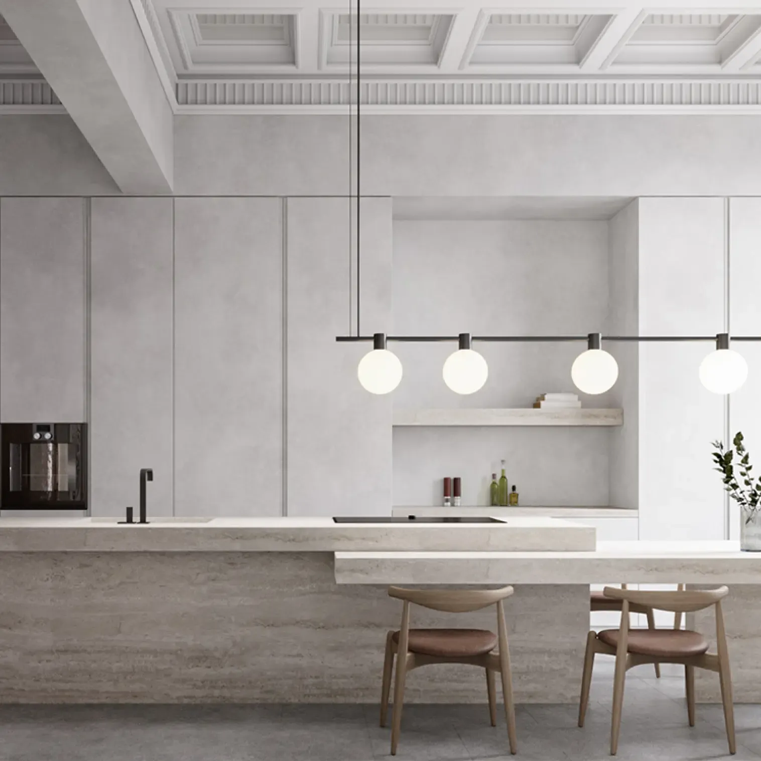 Minimalist open kitchen with island, pendant lights and natural stone finishes