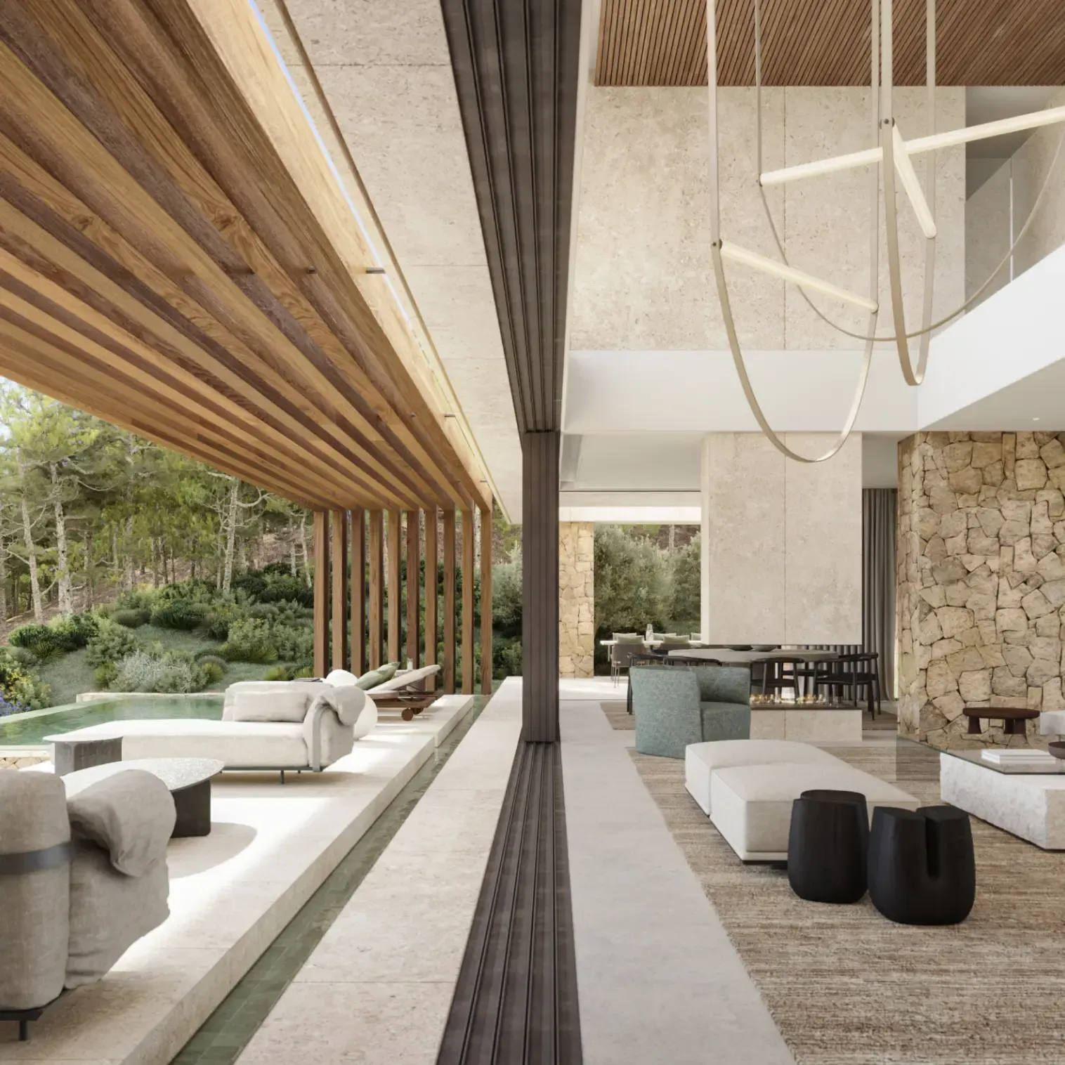 Seamless indoor-outdoor connection with open sliding glass doors and natural finishes.