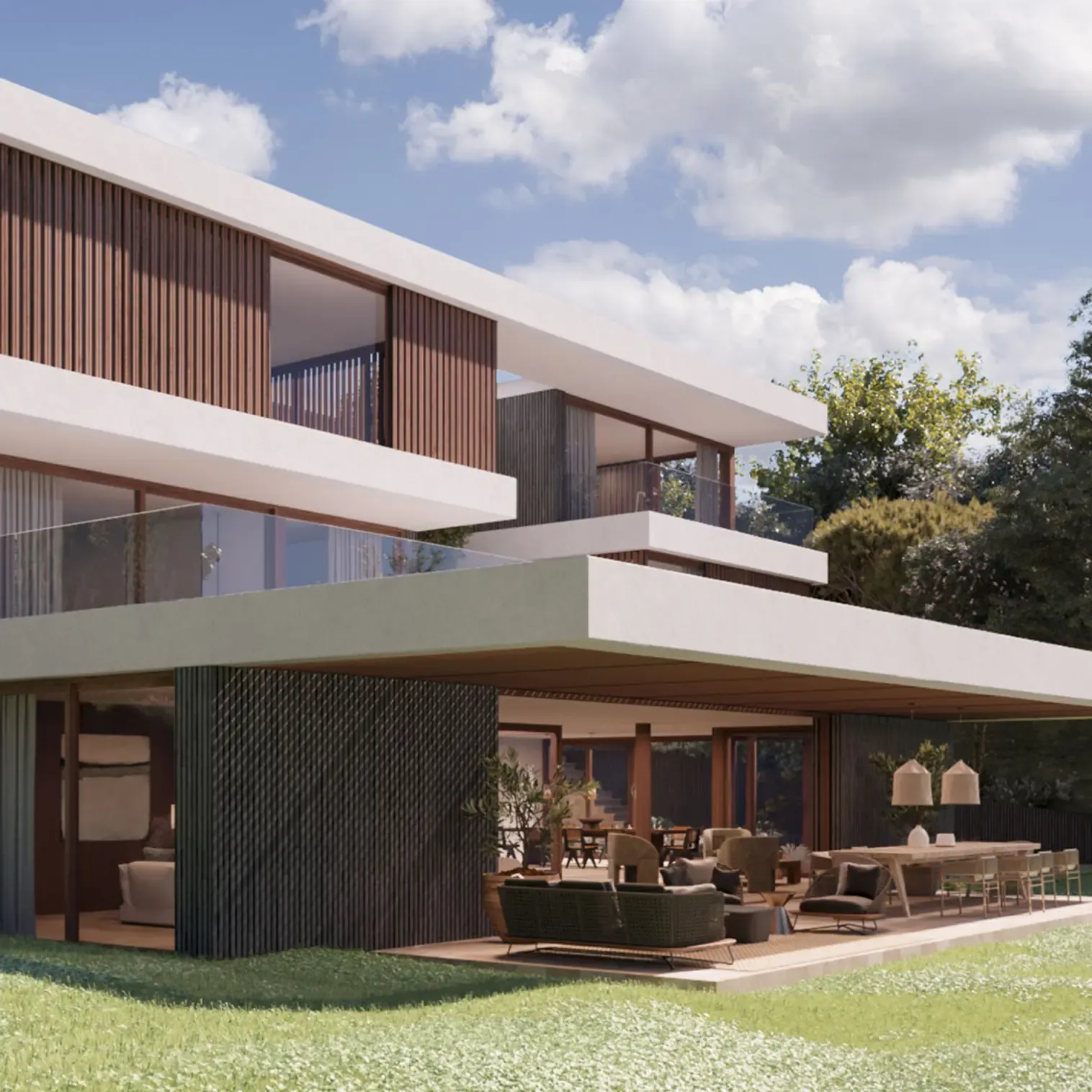 Angled view of modern architecture with expansive outdoor living space