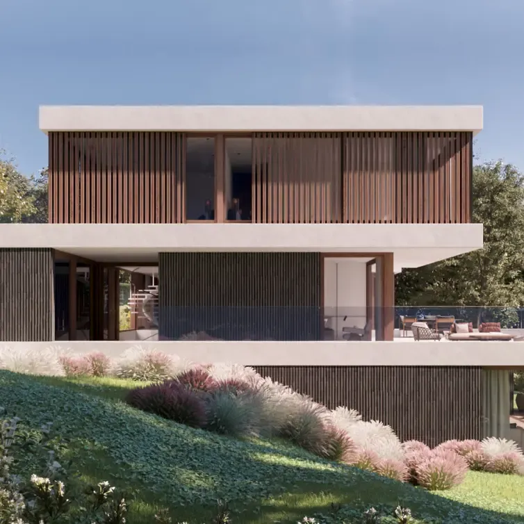 Side elevation of Pearson K Villa showcasing minimalist lines and native landscaping