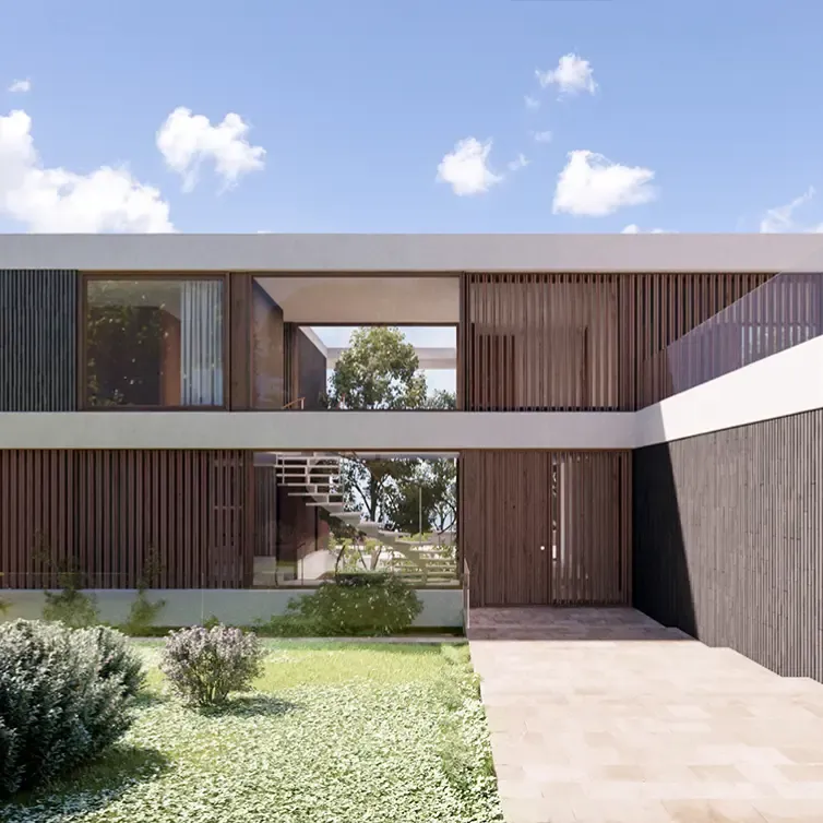 Central entrance of the villa with open staircase and natural lighting