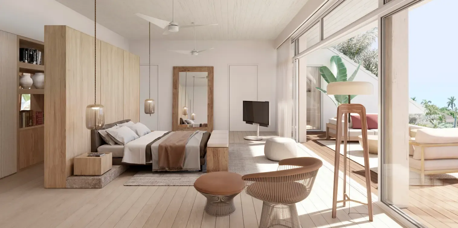Luxury master suite with natural wood finishes, modern lighting, and terrace access.