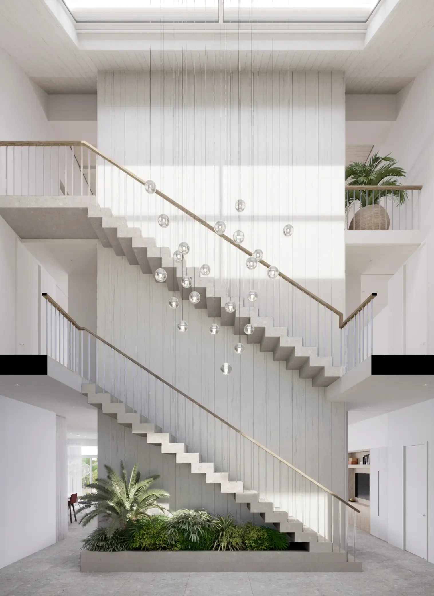 Contemporary staircase with floating steps, hanging glass lights, and indoor greenery.