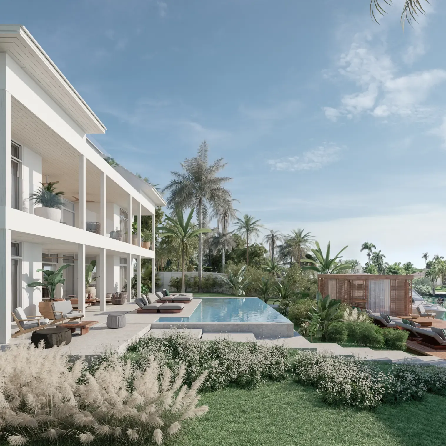 Side view of a modern luxury villa in the Bahamas with infinity pool and tropical palm garden.