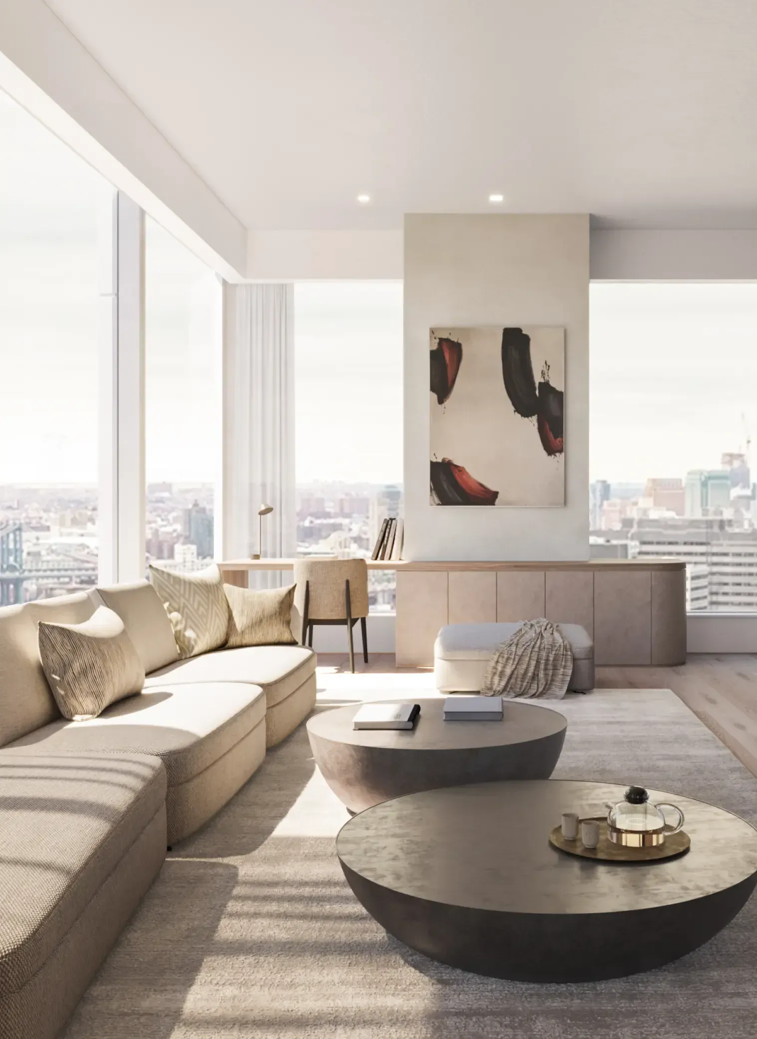 Elegant Manhattan living room by Luv studio with panoramic city views, marble kitchen island, and luxury decor.