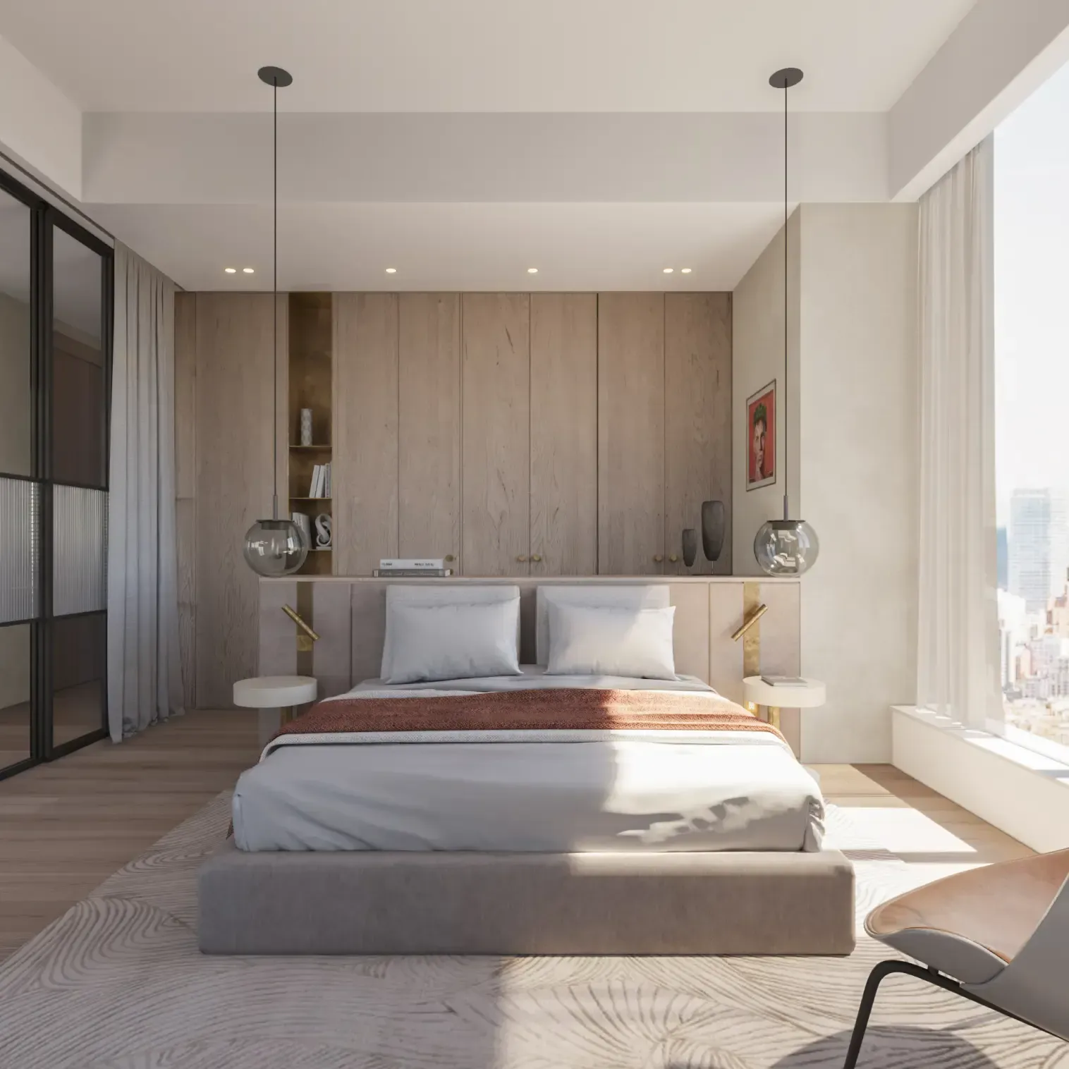 Refined master bedroom with wood paneling and floor-to-ceiling windows, part of a luxury Luv studio apartment.