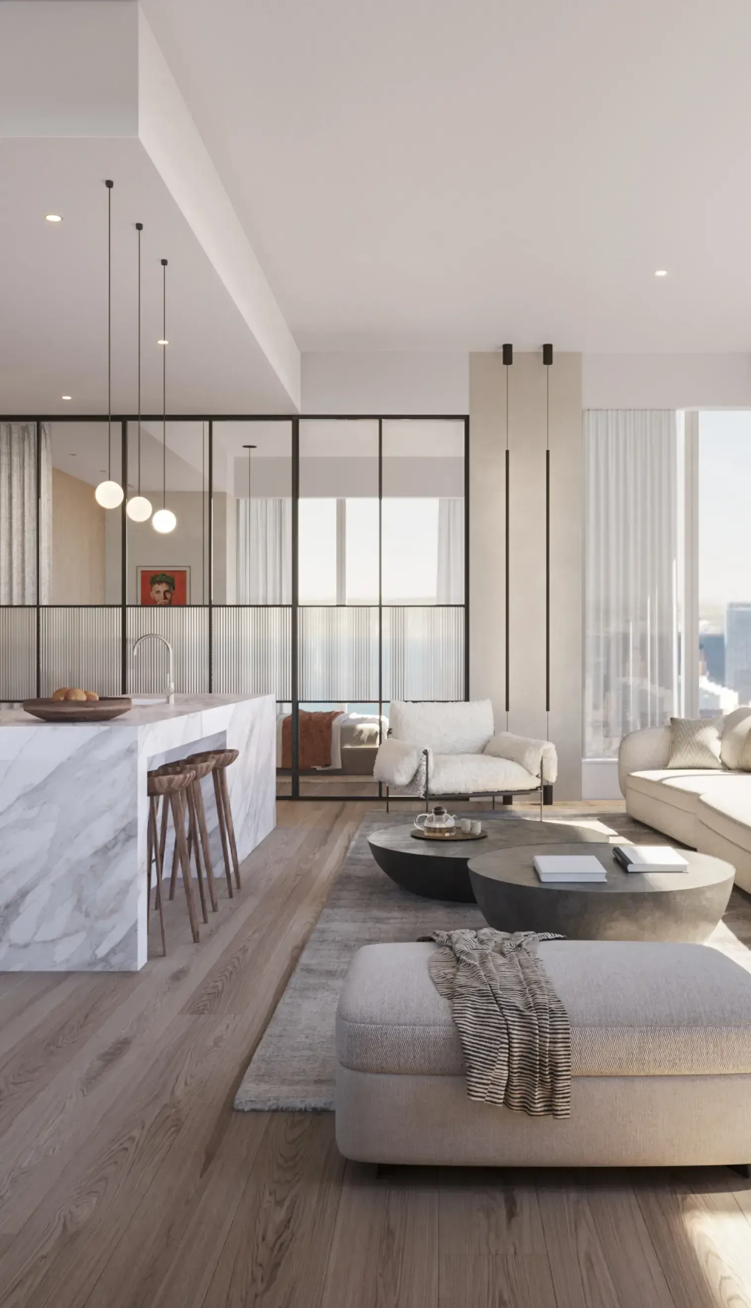 Open-plan luxury apartment with Empire State Building view, marble finishes, and warm modern interiors by Luv studio.