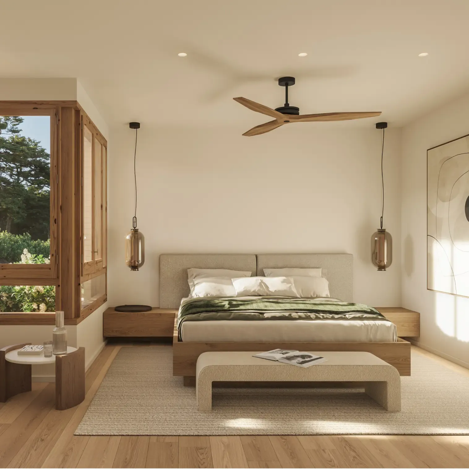 Elegant master bedroom with wood flooring, modern lighting, and large windows connecting with nature.