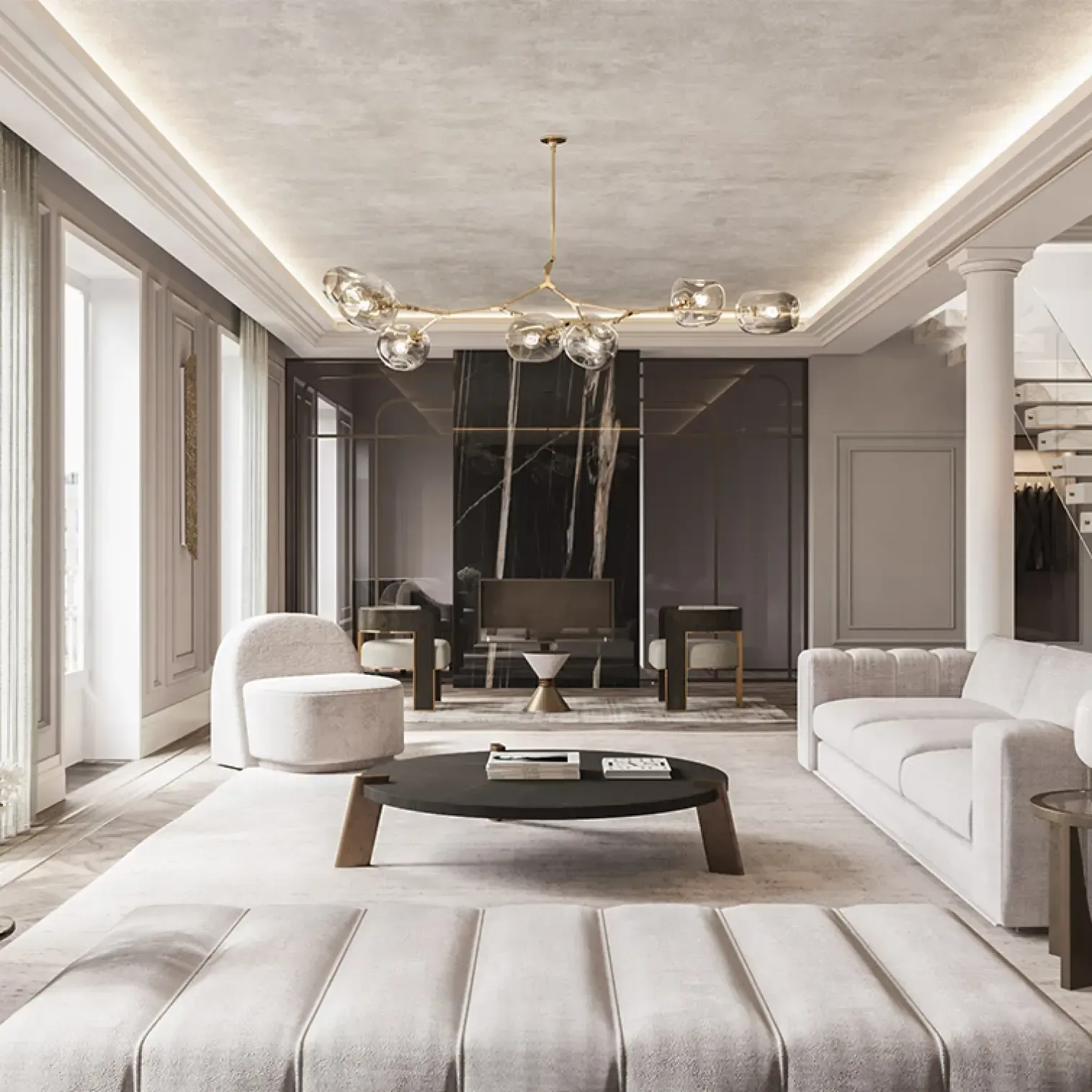 Elegant living room by Luv studio featuring luxury interior design with neutral tones and architectural lighting.