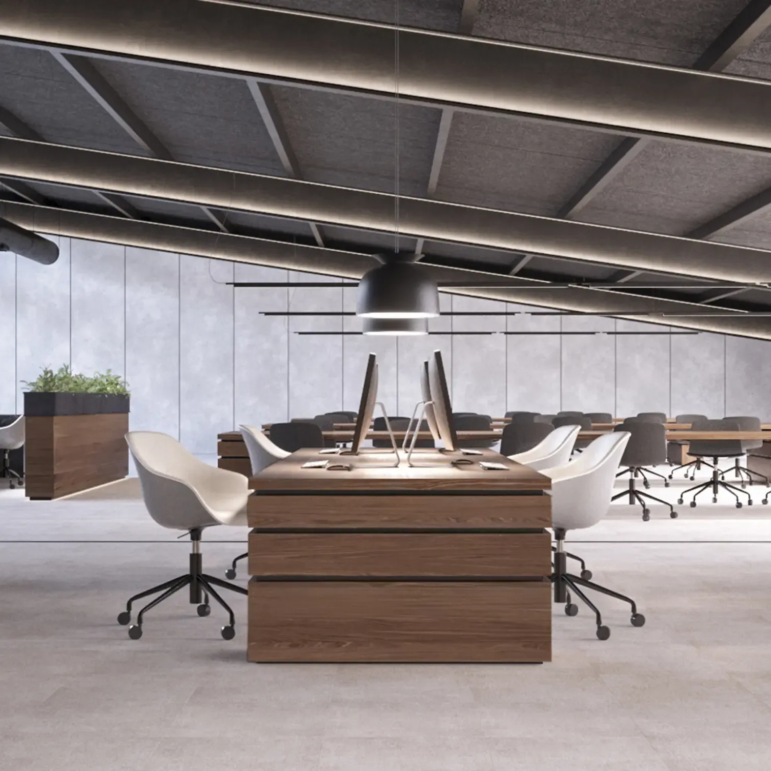Contemporary open-plan office with wood desks and black lighting fixtures at Titan Building.