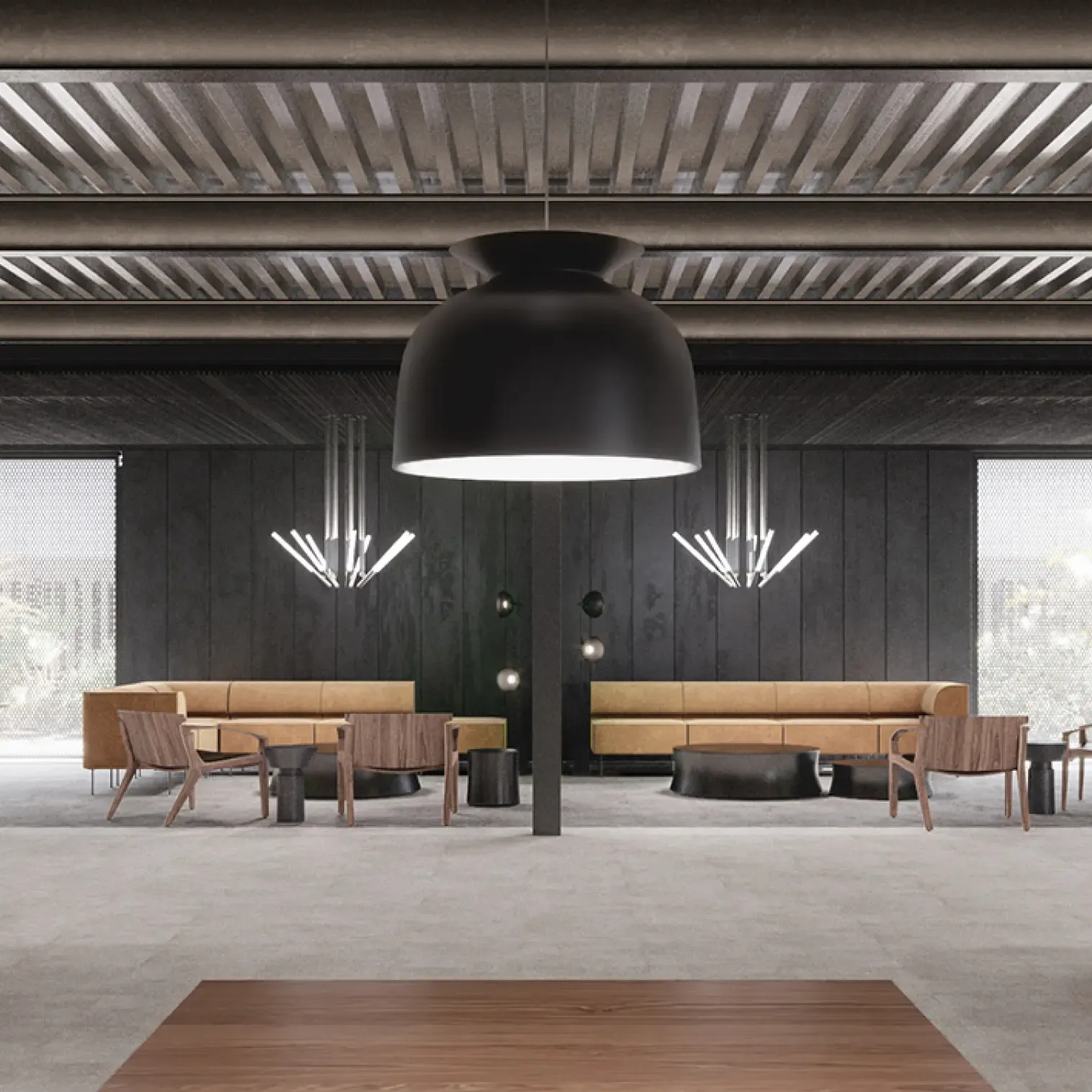 Sophisticated lounge and workspace area with elegant lighting in Titan Building.