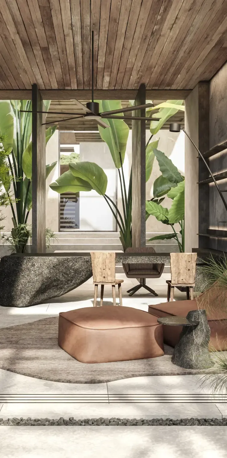 Luxury tropical lounge with stone desk, large leafy plants, wood ceiling, and neutral-toned seating in a contemporary open-air design.