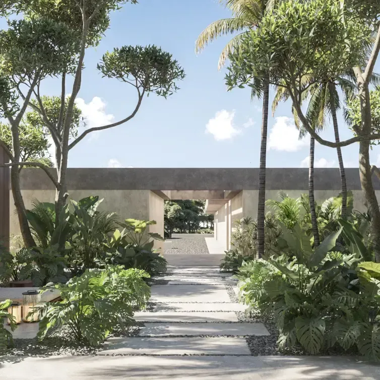 Lush tropical patio with a central stone pathway leading through dense greenery and sculptural trees.