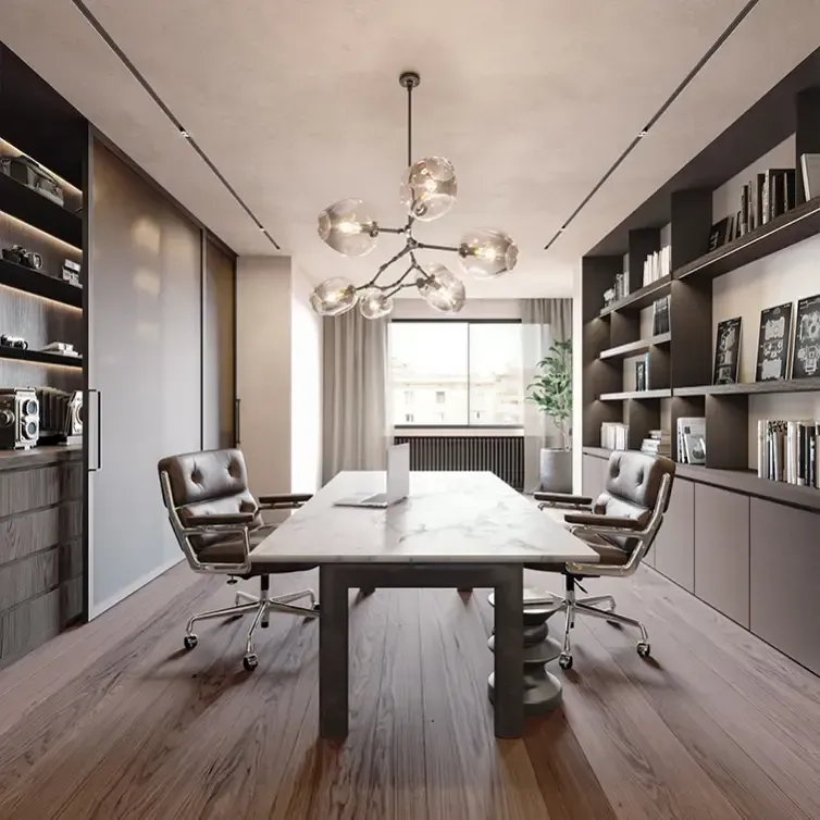 Stylish home office with marble desk and designer lighting, crafted by Luv Studio in a luxury Barcelona apartment.