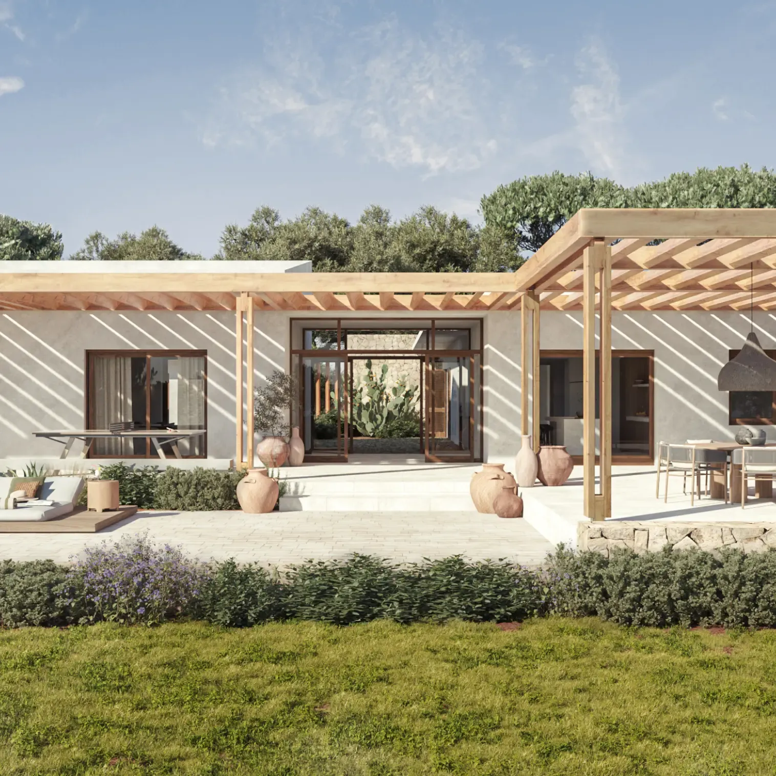 Contemporary façade of a luxury villa with wooden pergola, loungers, and natural surroundings.