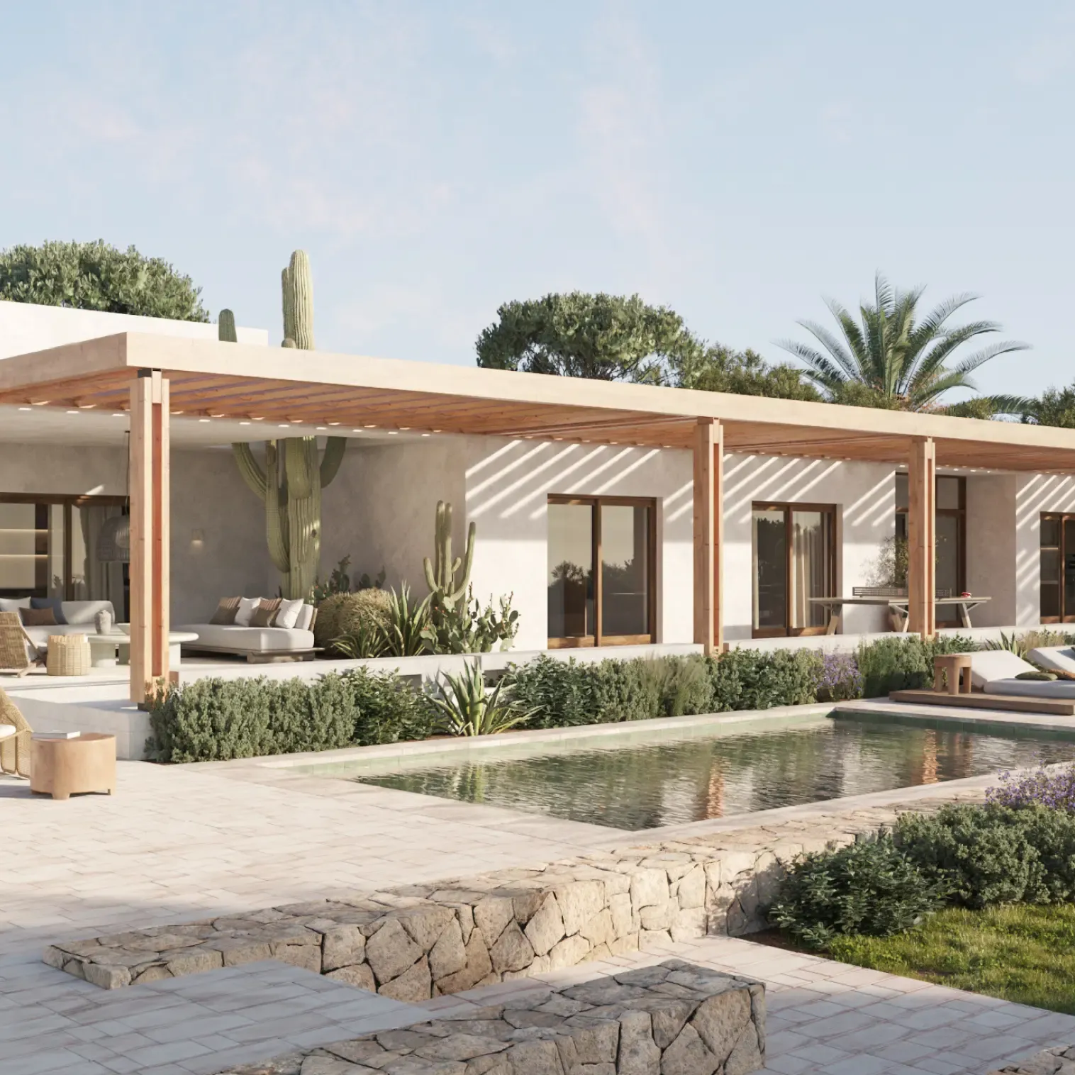 Front view of a luxury villa with Mediterranean landscaping, a pool, and a shaded terrace.