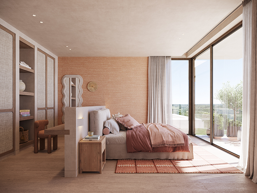 Bedroom interior in a contemporary single-family house in Kent with modern design and views over the surrounding landscape