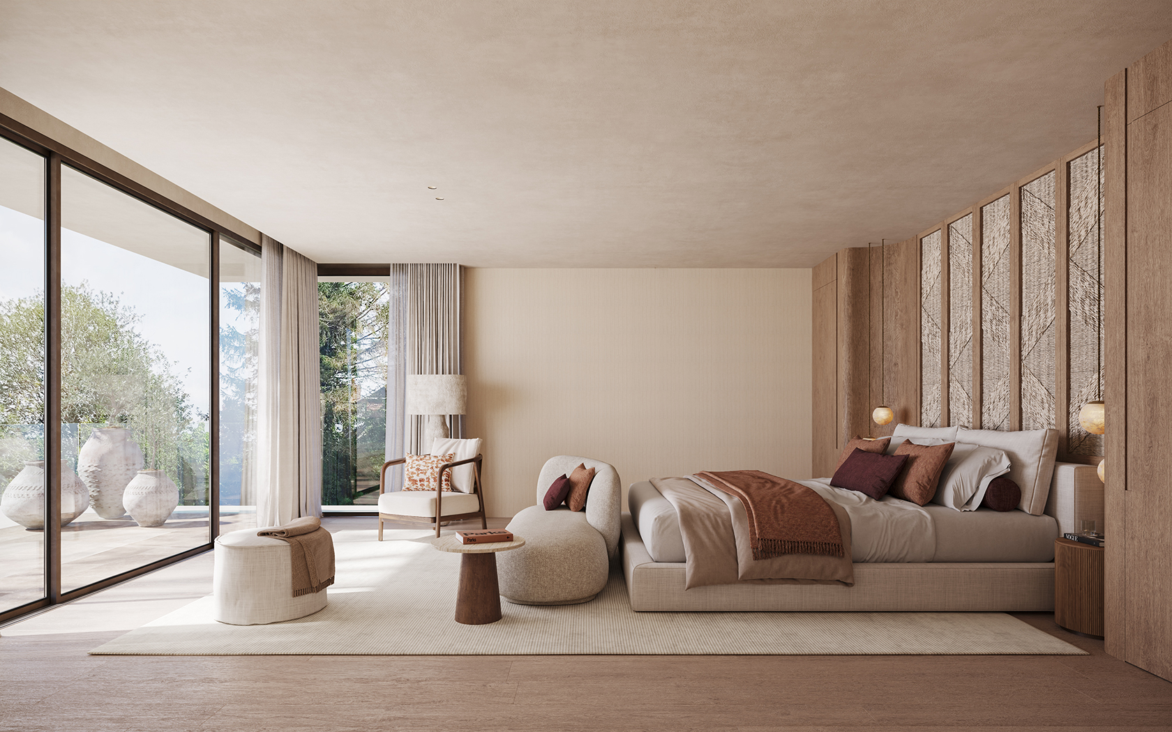 Master bedroom in a contemporary home in Kent with large windows, warm materials and high-end residential interior design