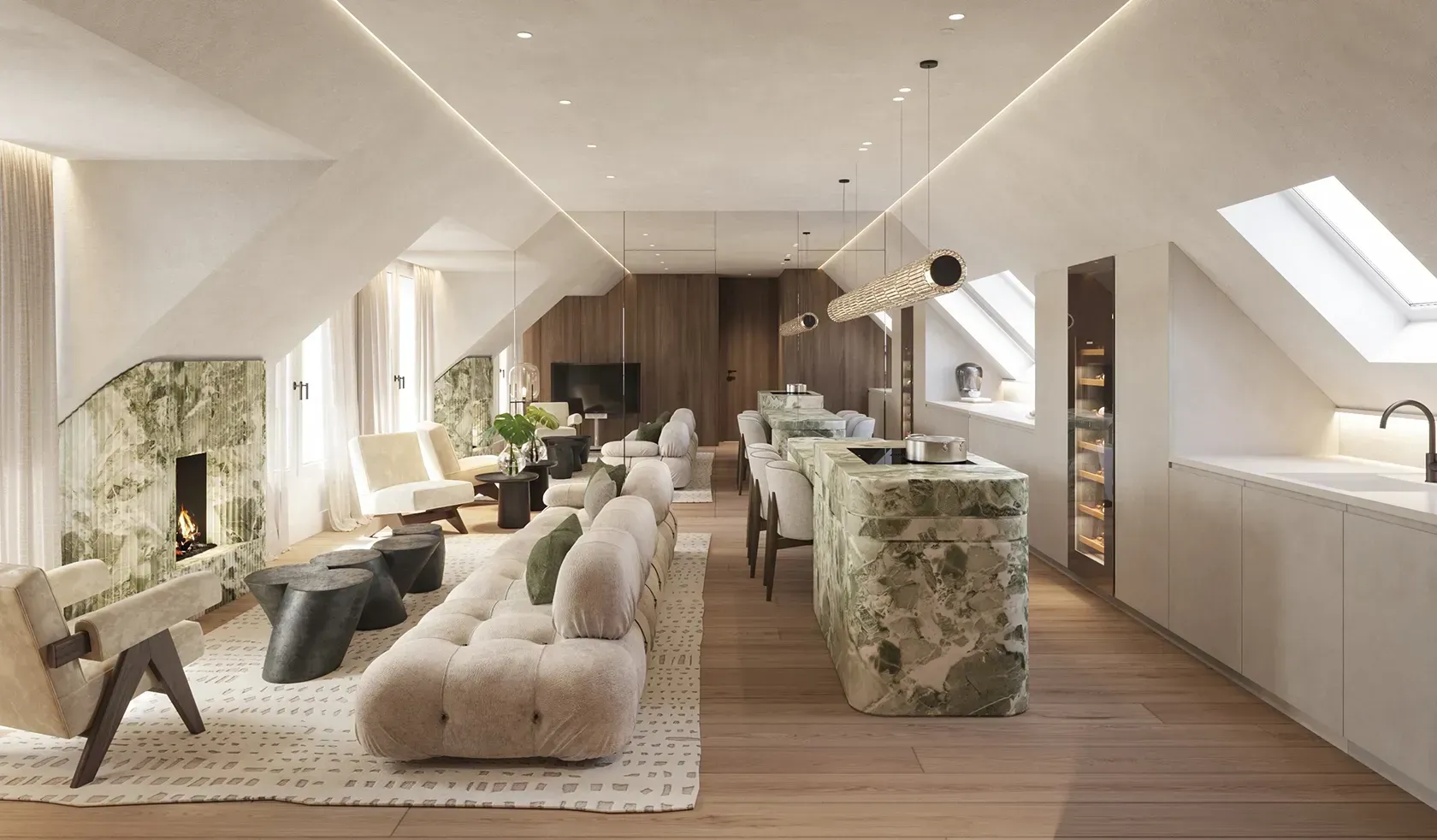 Elegant open-plan living space with sculptural furniture, fireplace, and a statement green onyx kitchen island.