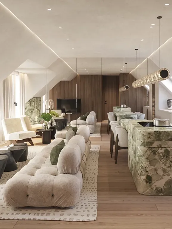 Elegant open-plan living space with sculptural furniture, fireplace, and a statement green onyx kitchen island.