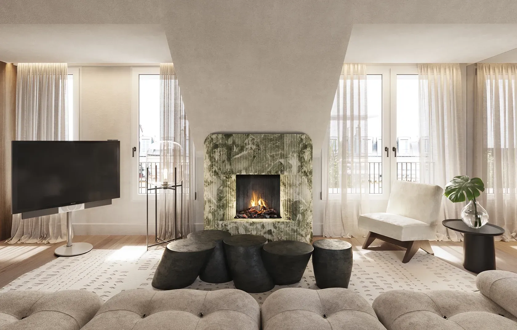 Modern lounge with a striking green onyx fireplace, soft neutral tones, and floor-to-ceiling windows.