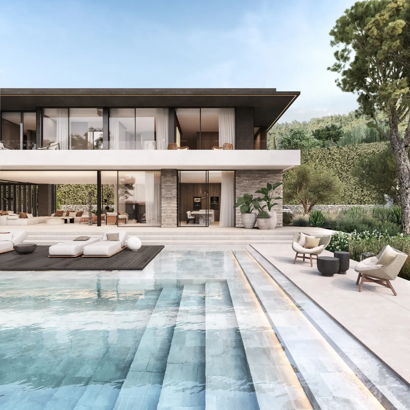 Elegant modern villa with panoramic glass walls and a stepped pool terrace in a landscaped garden setting.