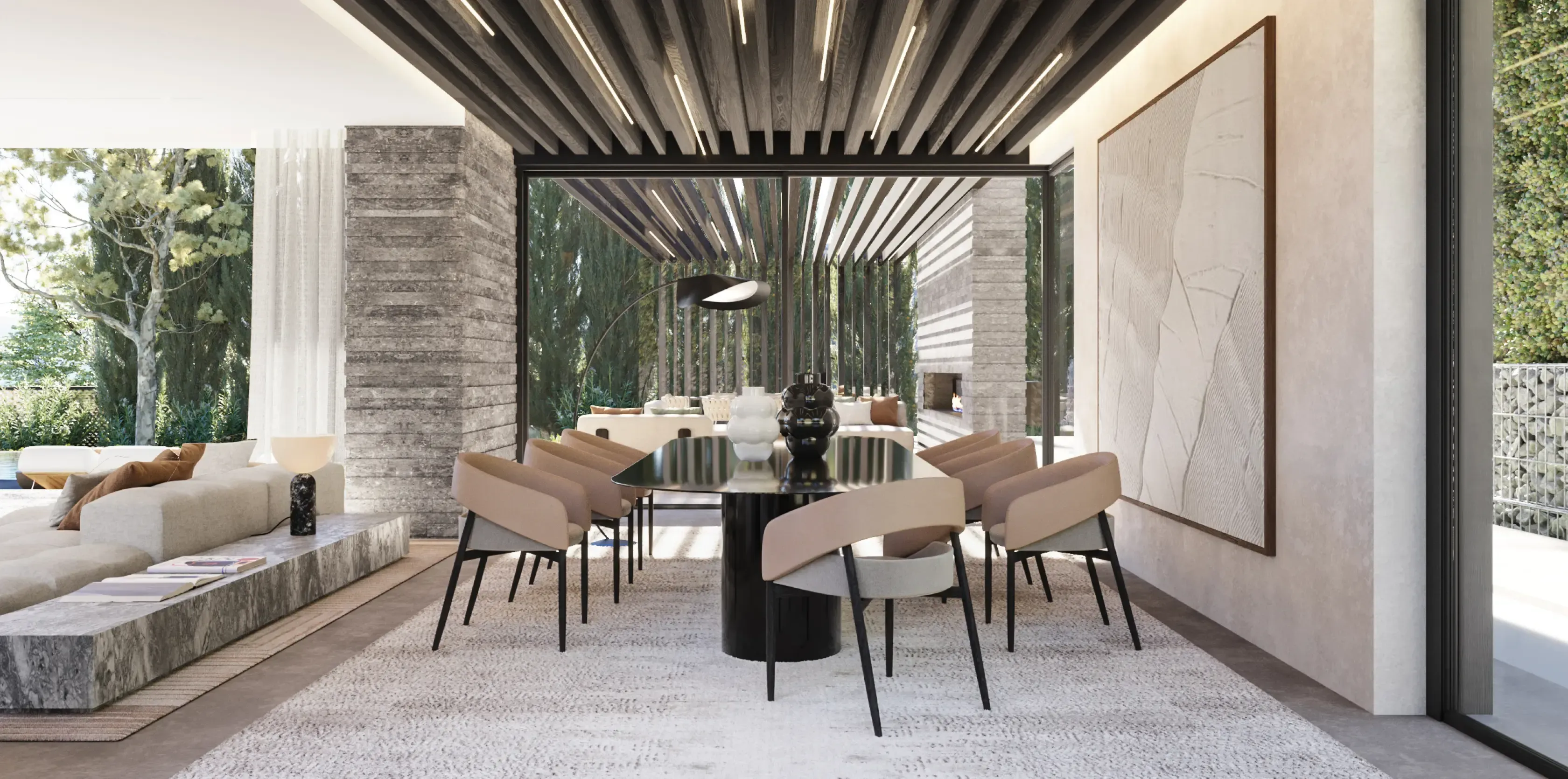Elegant dining room with large wooden table, warm lighting, and minimalist décor.
