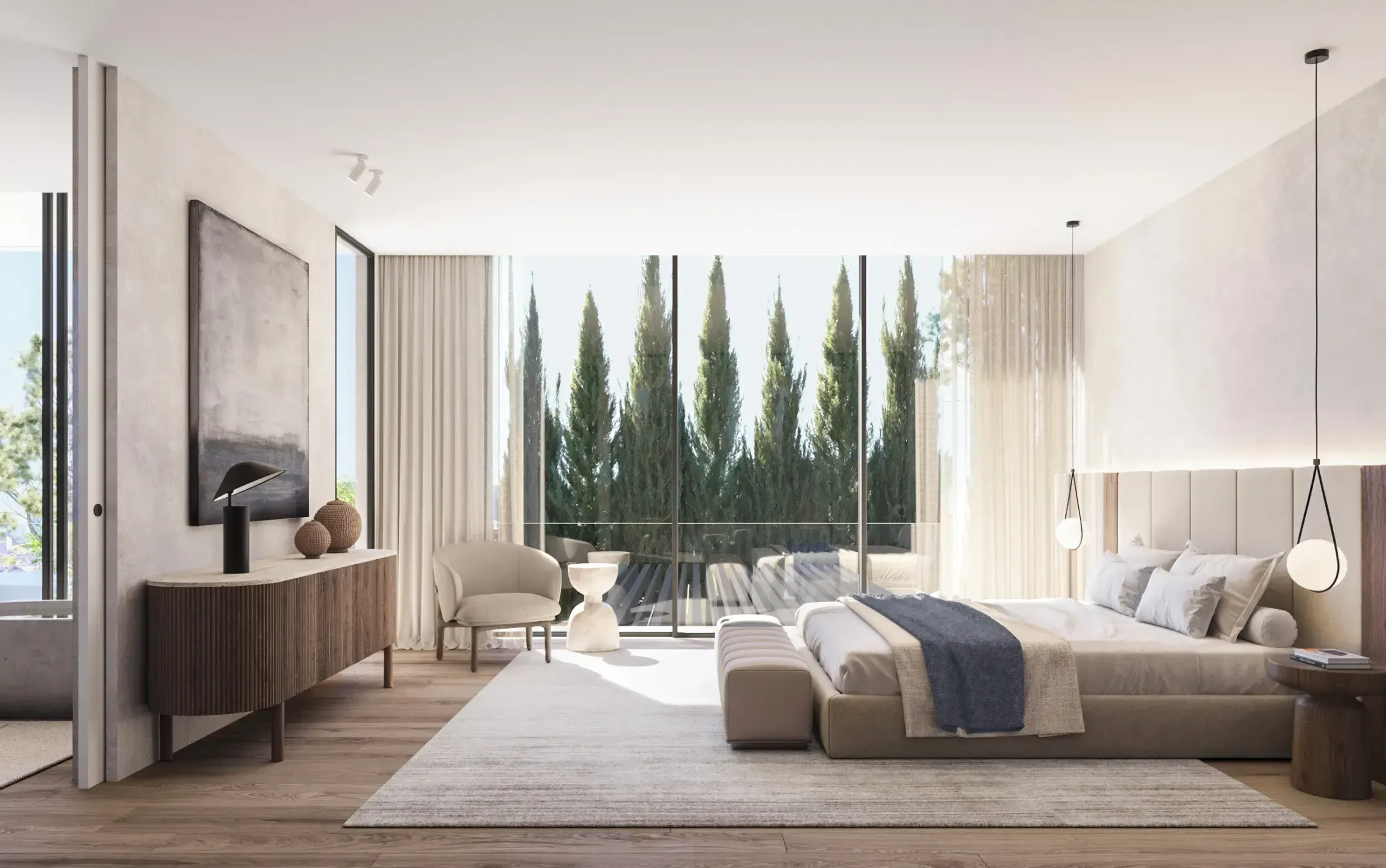 Bright and serene bedroom suite with soft textiles, large windows, and natural finishes.