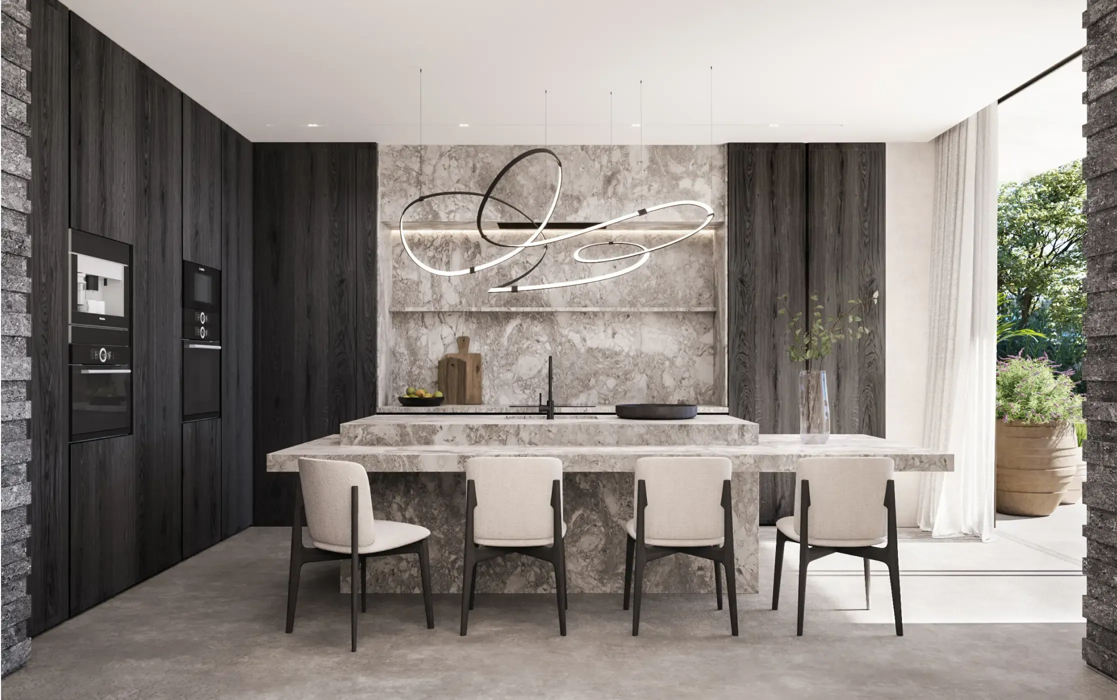 Sleek open kitchen with central island, designer lighting, and wood and stone finishes.