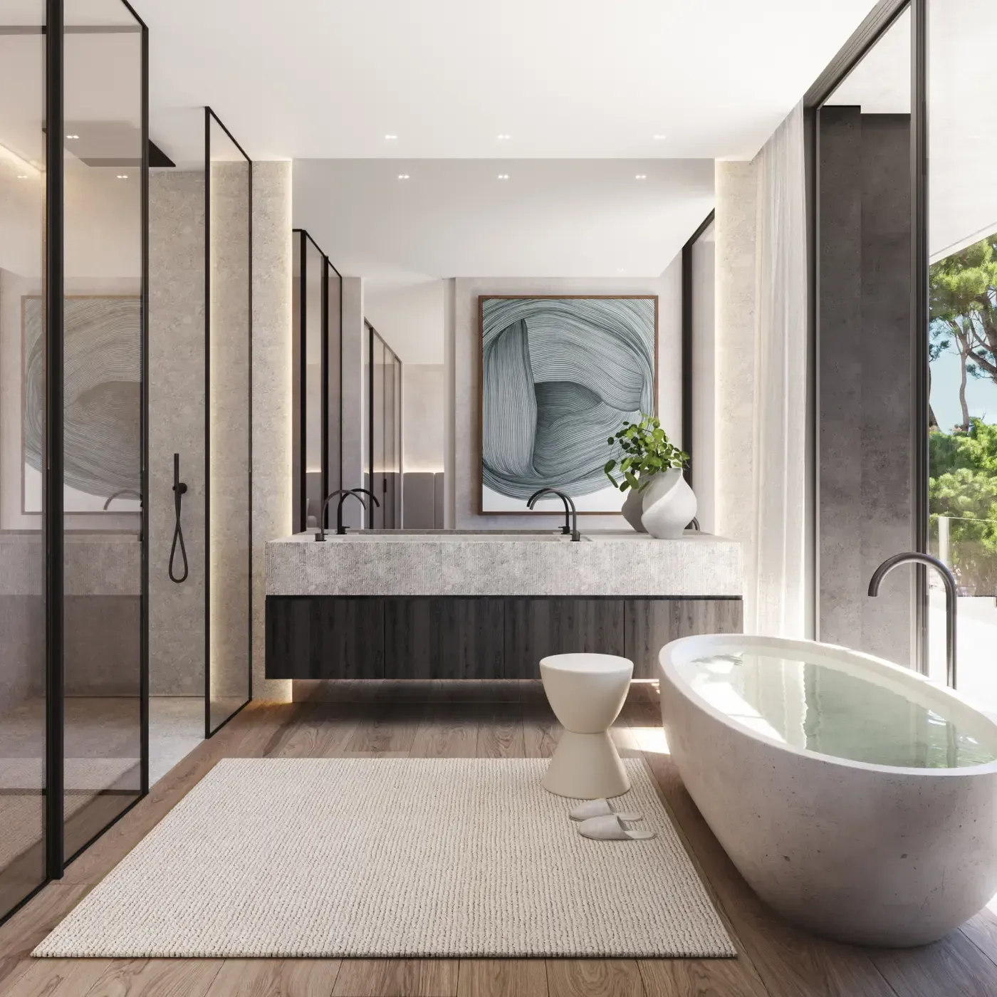 Elegant luxury bathroom with freestanding stone bathtub, double sink vanity, glass shower enclosures, and minimalist decor by LUV Studio.