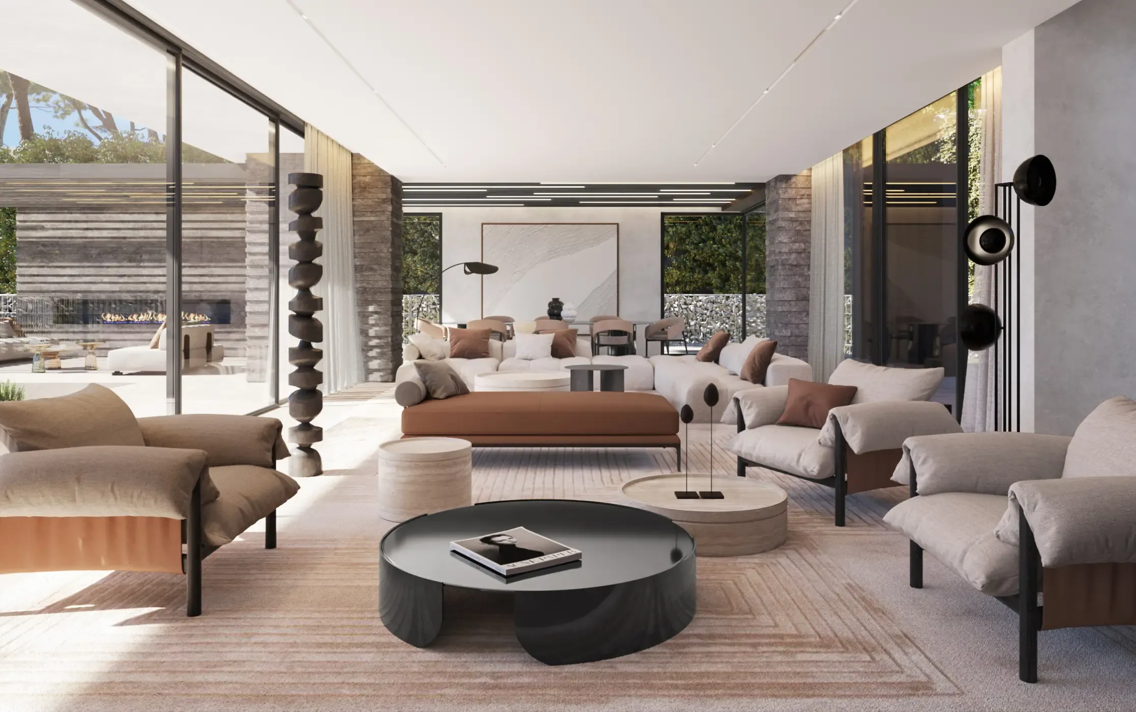 Secondary lounge area with cozy lighting, contemporary art, and natural textures.