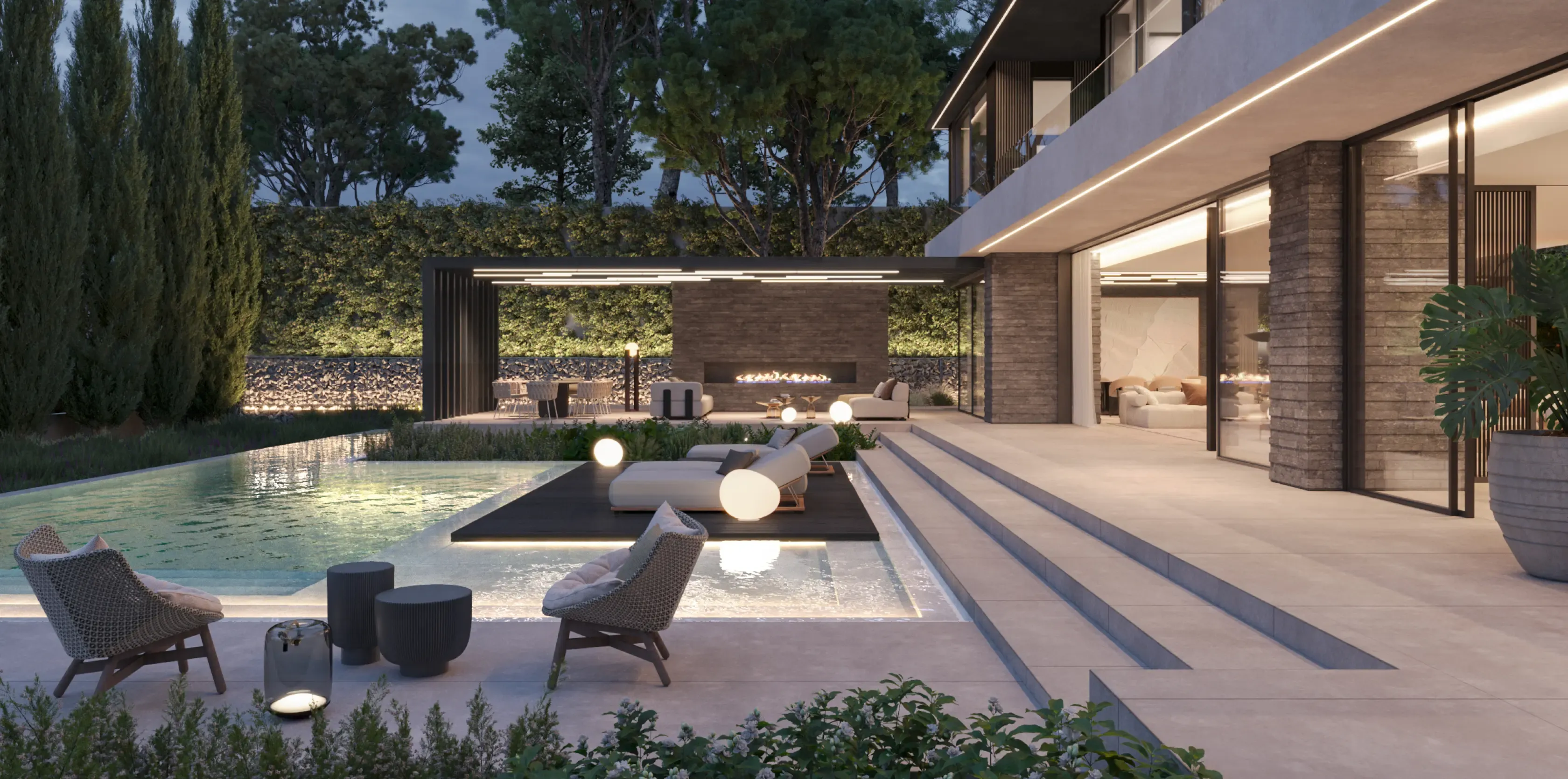 Elegant villa with panoramic glass walls and a spacious terrace next to the pool.