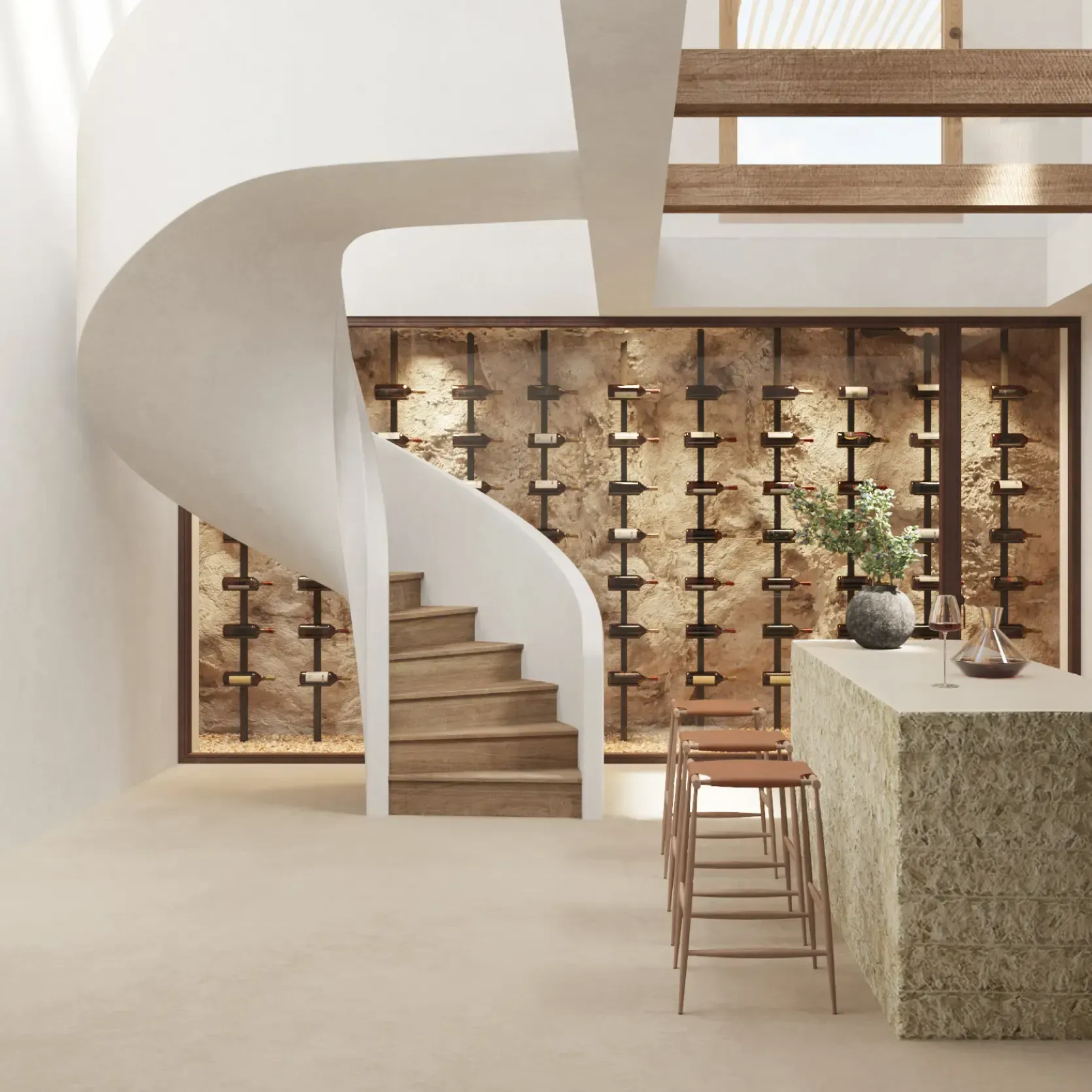 Contemporary wine cellar with spiral staircase, vertical wine display, and textured island bar.