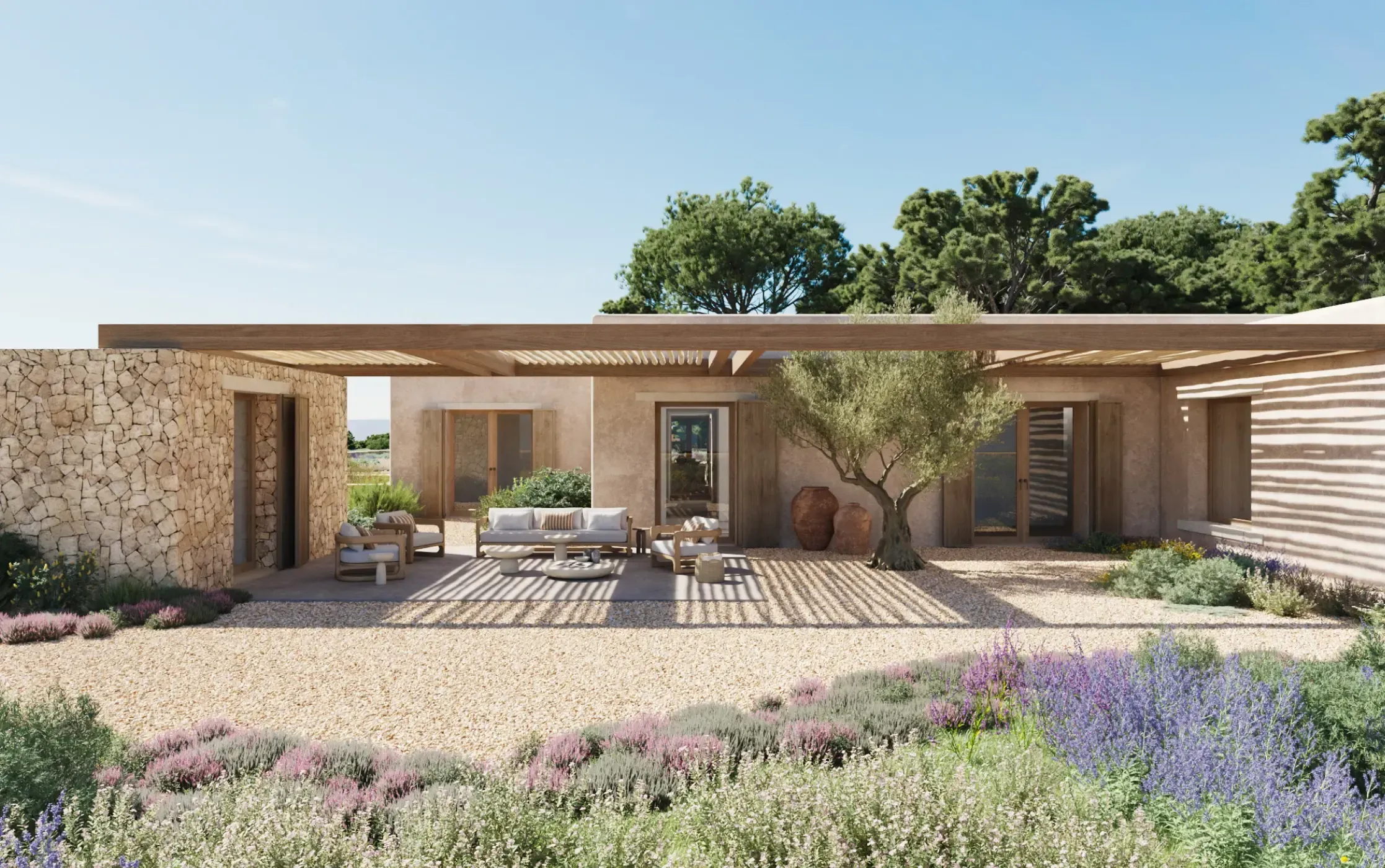 Serene rear patio with pergola, outdoor seating, and Mediterranean garden landscaping.