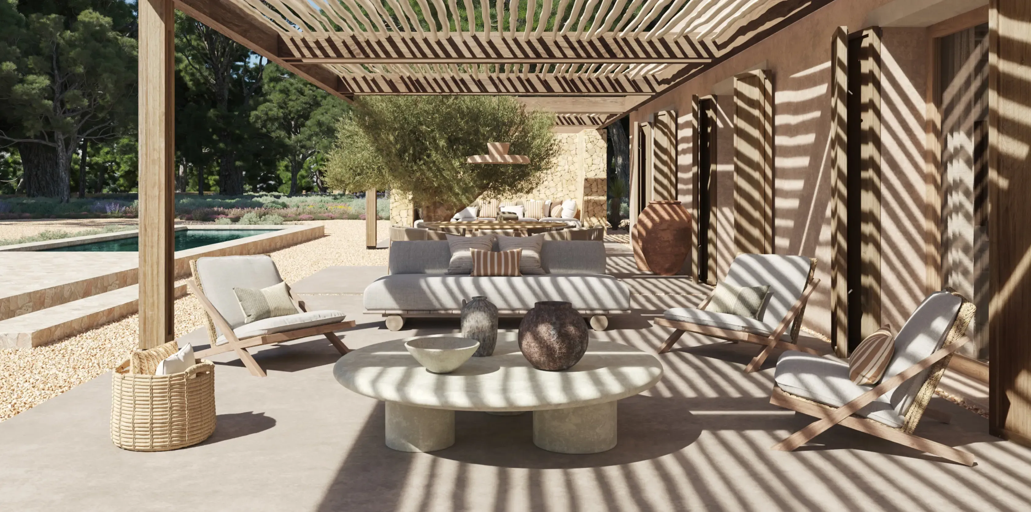 Design-forward shaded terrace with natural wood elements, modern outdoor furniture, and garden views in South Formentera.