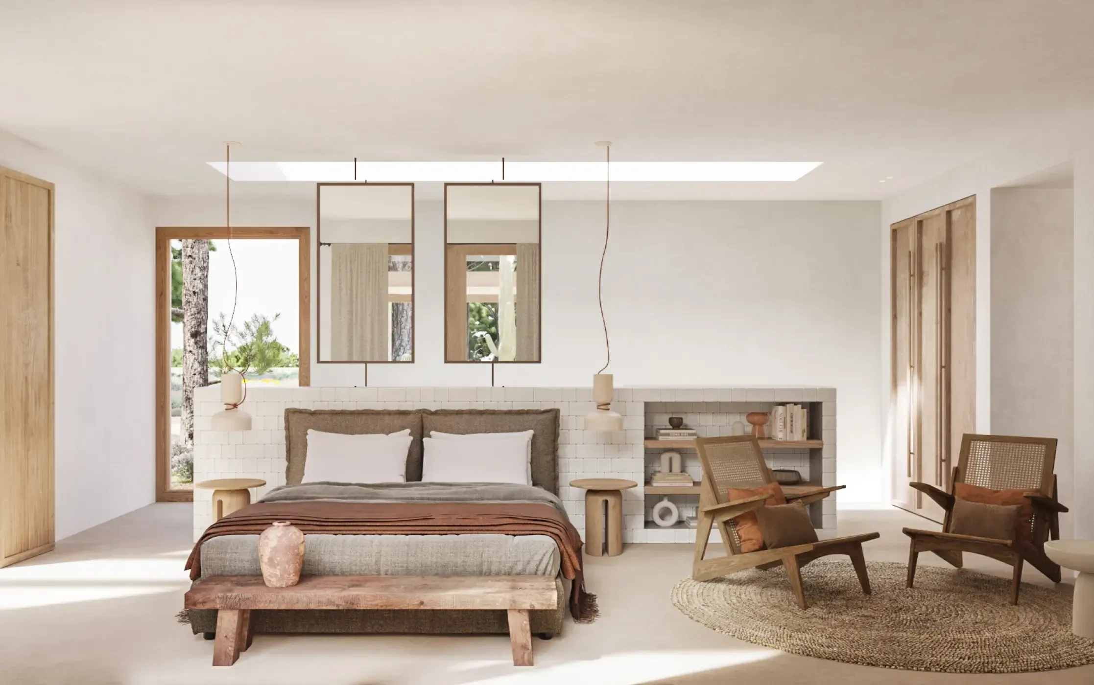 Minimalist master bedroom with natural wood finishes, earthy tones, and direct garden views.