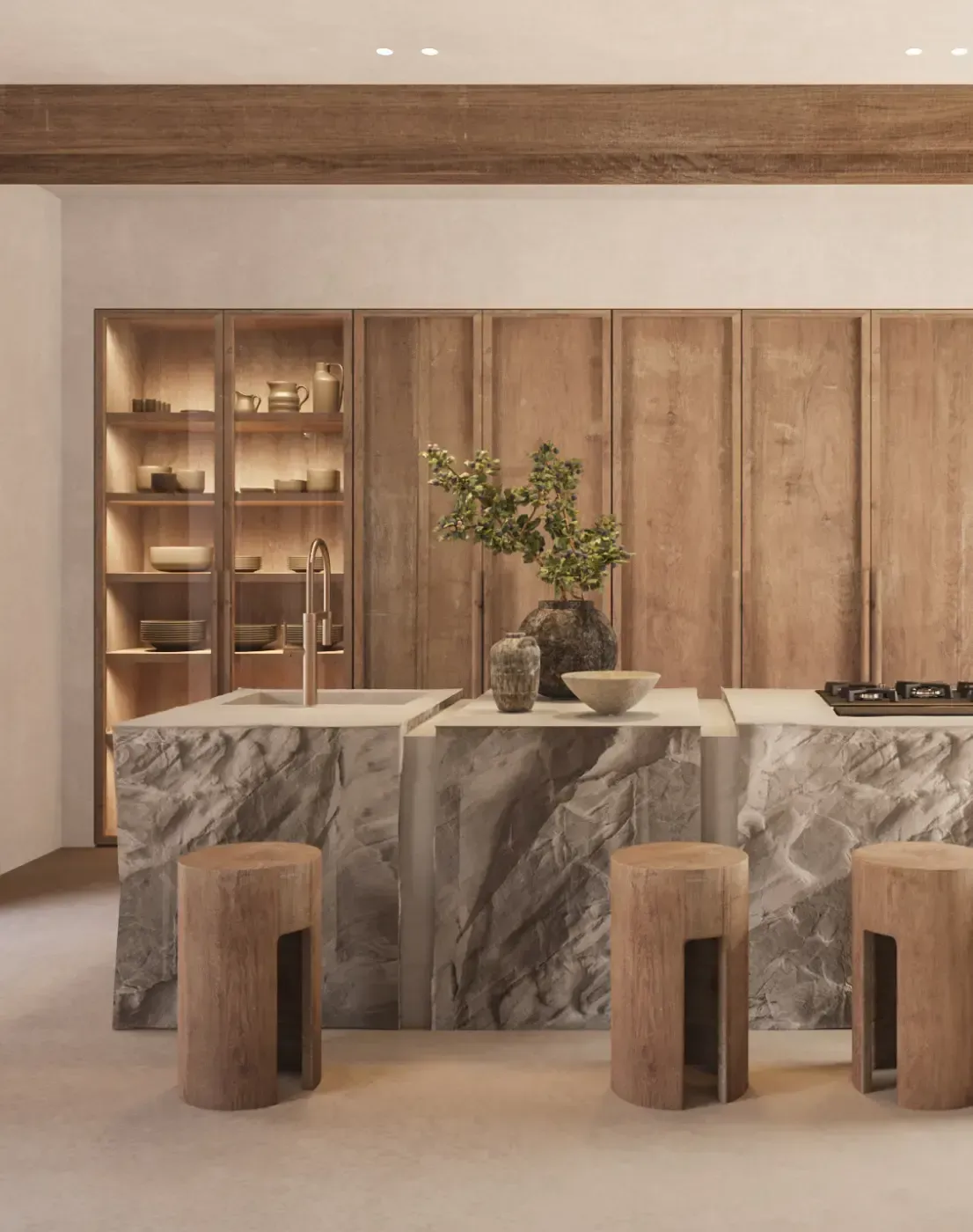 Contemporary open kitchen with marble island, wood cabinetry, and minimalist design in South Formentera villa.