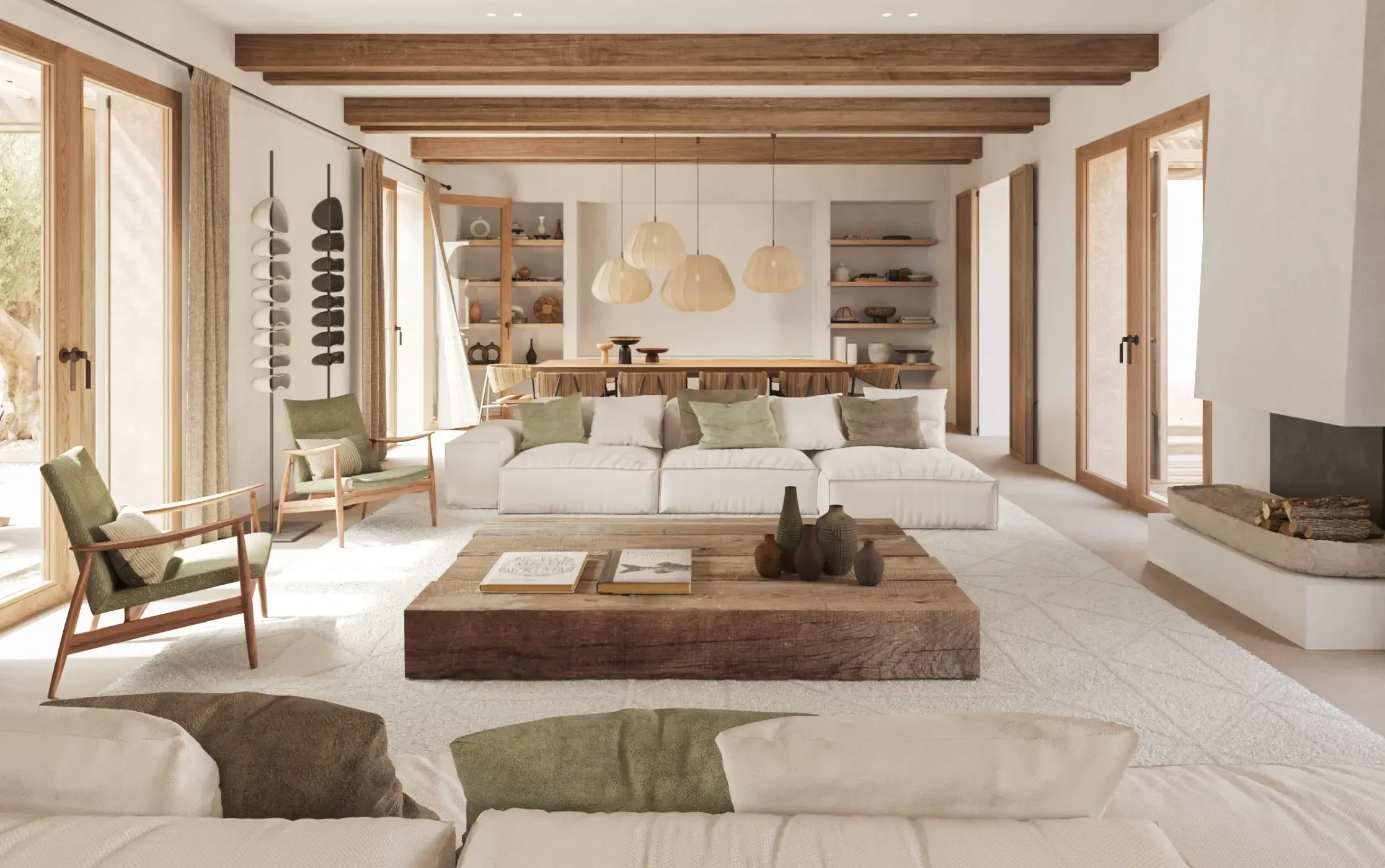 Spacious Mediterranean-style living room with wooden beams, neutral tones, and natural light.