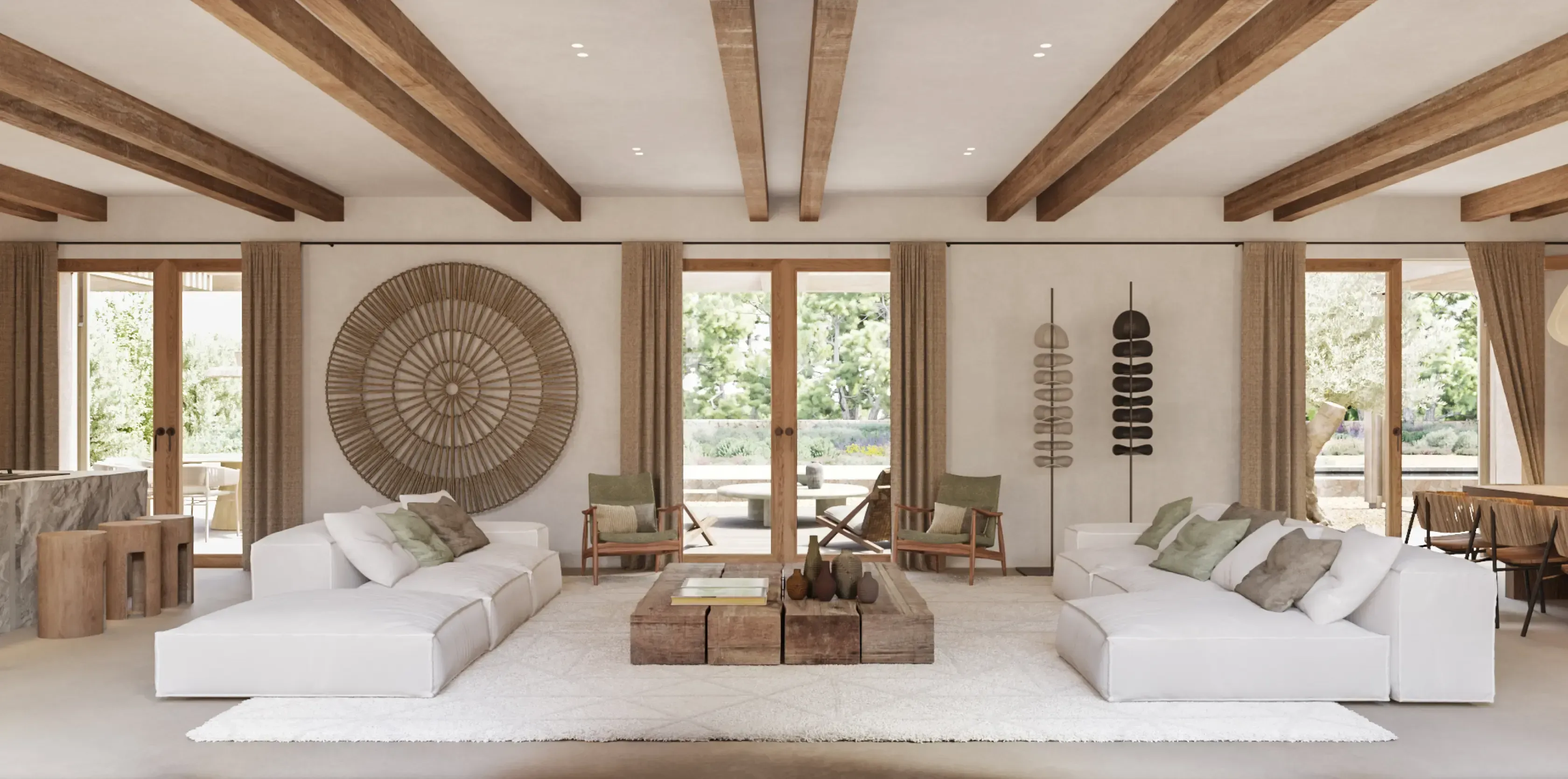 Elegant open-plan living and dining area with large windows, organic textures, and rustic decor.